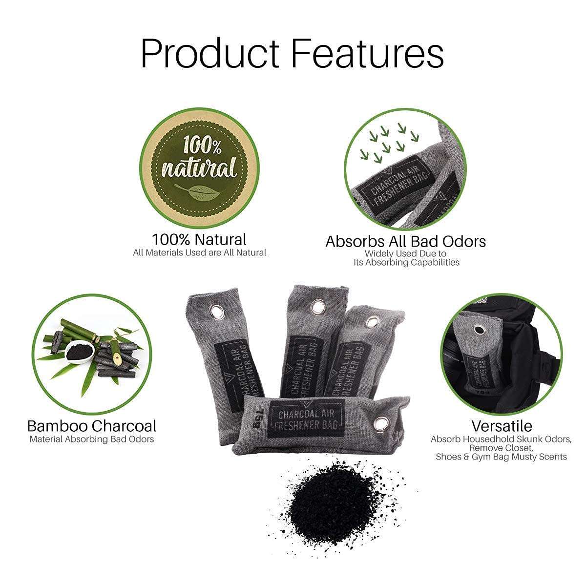 Vitchelo Bamboo Charcoal Air Purifying Bag (4 x 75g), Charcoal Bags Odor Absorber, Car Air freshener Bag, Activated Bamboo Deodorizer Moisture Absorber, Odor Eliminator for Home, Closet, Pet (Gray) 2