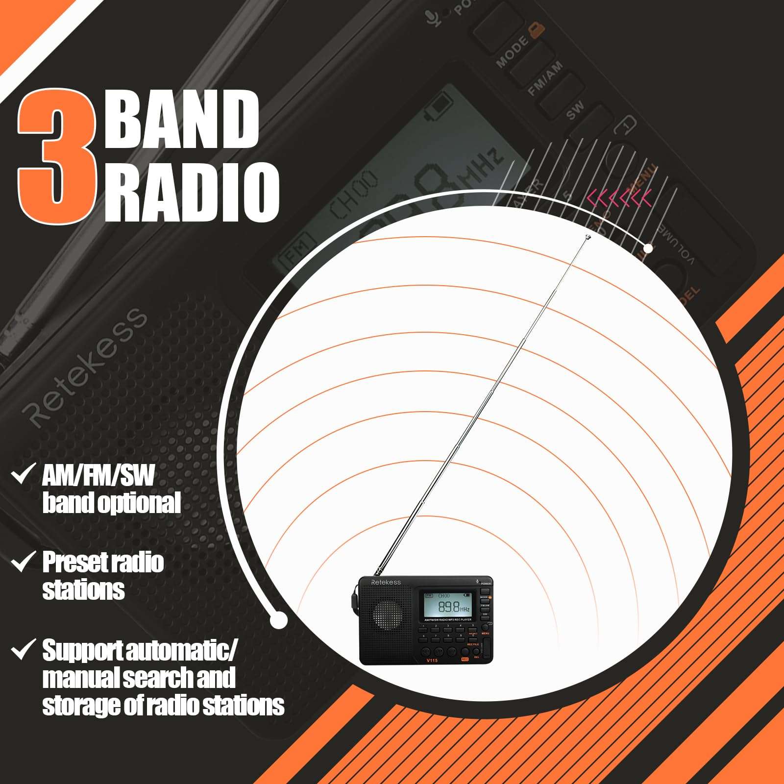 Retekess V115 Digital Radio AM FM Bundle with Retekess TA006 TV Headphones Wireless for Seniors, Support Optical, Coaxial, AUX, RCA, TV Headphones with Charging Dock 3