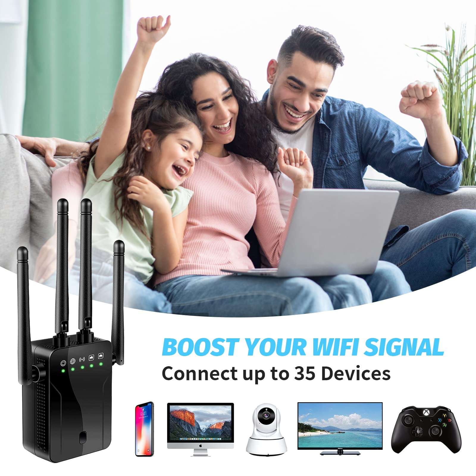 WiFi Range Extenders, WiFi Signal Booster Amplifier for Home Coverage Up to 3000 sq.ft, 1200 Mbps 2.4 & 5GHz WiFi Repeater Wireless Internet Amplifier - Covers 20 Devices with 4 Antennas 6