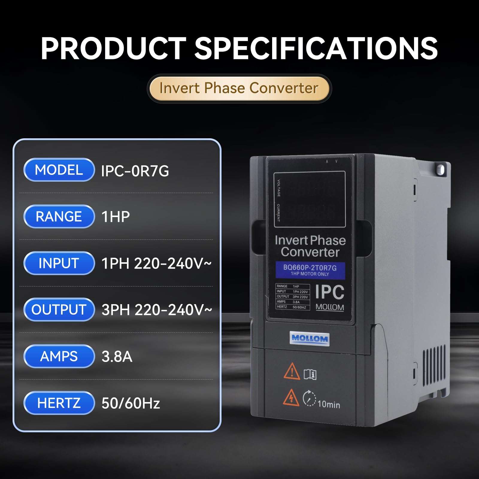 Mollom Single to 3 Phase Invert Phase Converter-4HP 3KW 13A 220V Input/Output IPC for 3PH Motor 3