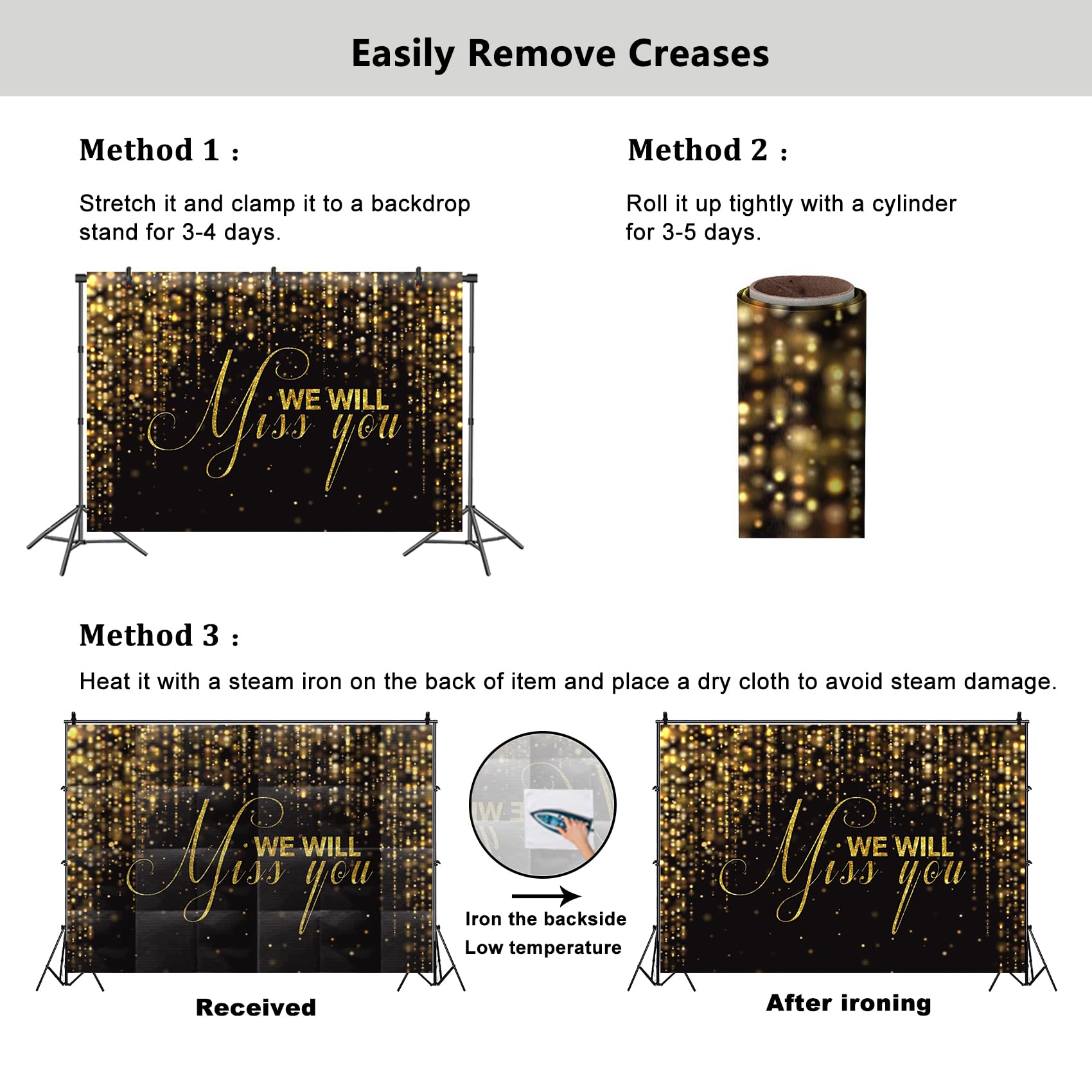 YongFoto Happy Retirement Backdrop 7x5ft We Will Miss You Black Gold Glitter Photography Background Going Away Goodbye Farewell Office Work Congrats Retirement Party Banner Portraits Photo Props 5