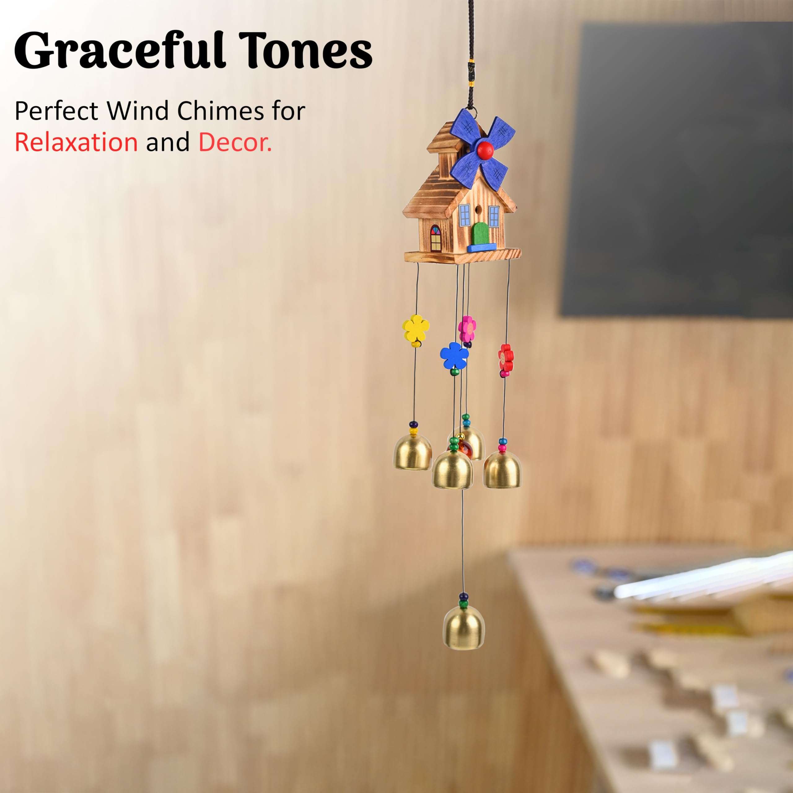 Hindcraft Wooden Wind Chimes for Balcony & Home Decoration | 5 Bells Hanging Showpiece for Living Room | Vastu & Positive Energy | House Warming Gift for Women & Home Decor Items 6