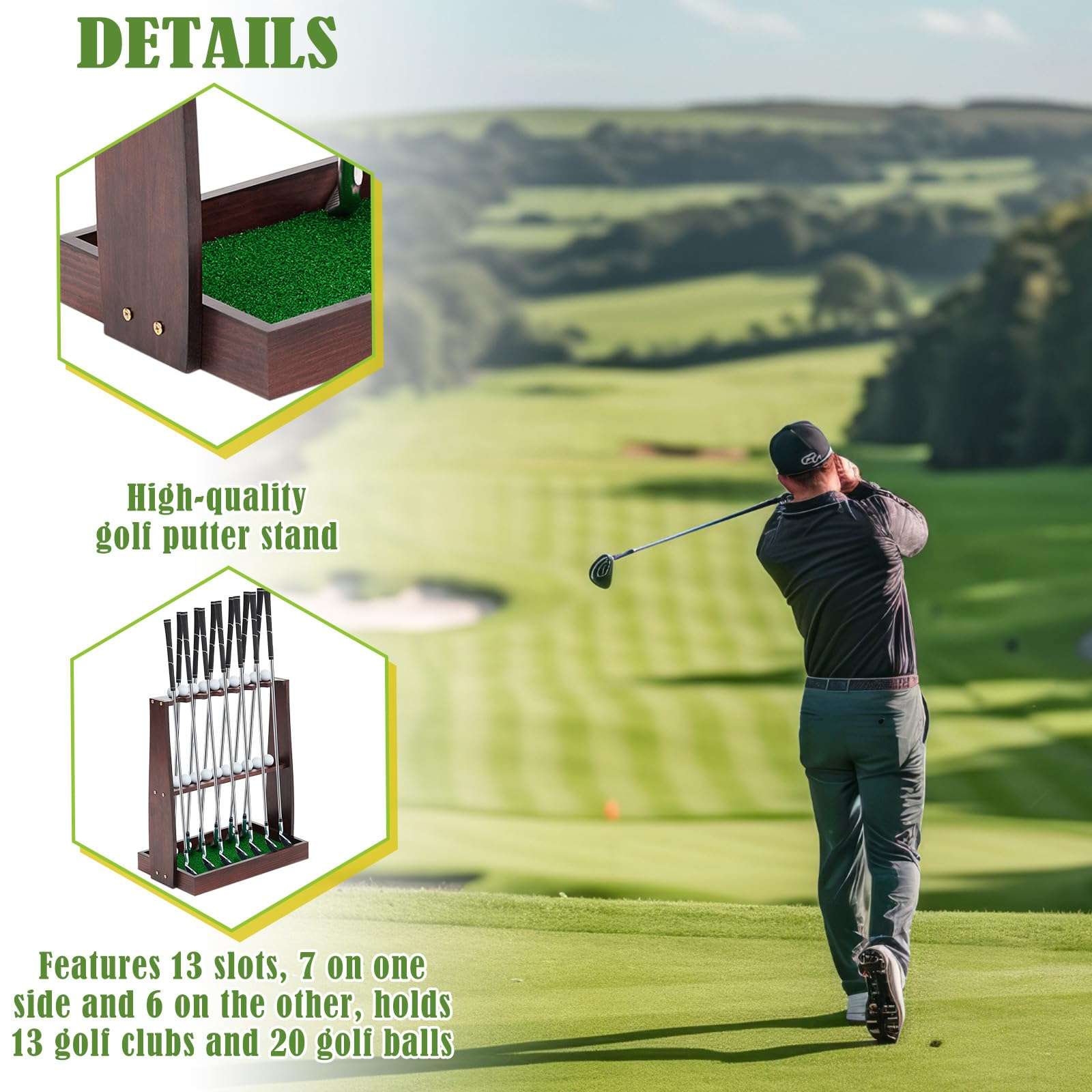 Lenwen Golf Club Rack Wooden Golf Putter Stand Holder Indoor Display Rack Holds 13 Clubs and 20 Golf Balls for Club Home Golf Simulators, Brown 5