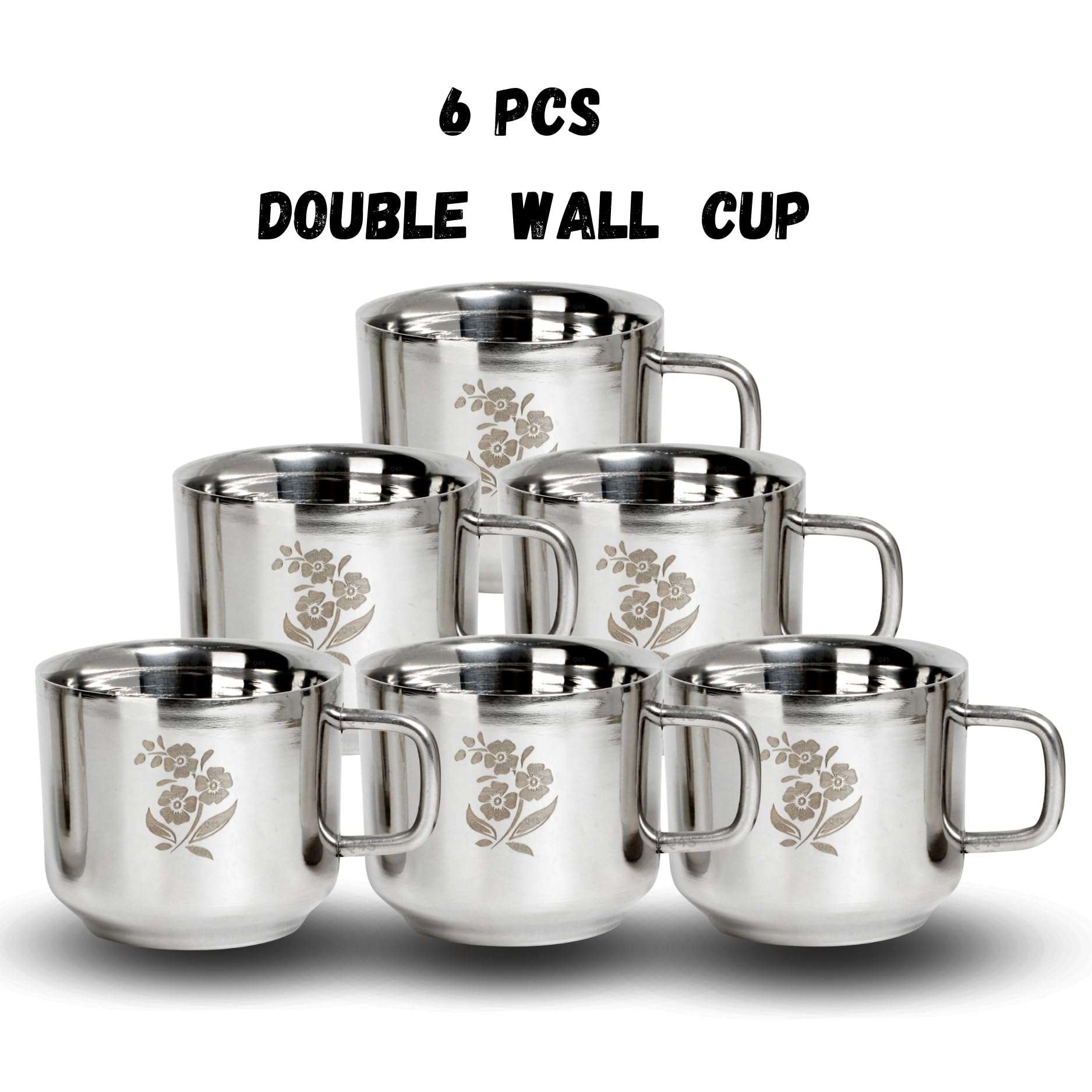 Q4S Stainless Steel Double Wall Tea Cups – Pack of 6, 100ml Each, Gloss Finish, Silver Color, Flower Print, Heat-Resistant, 6 cm Height x 7 cm Diameter – Ideal for Hot Beverages 3
