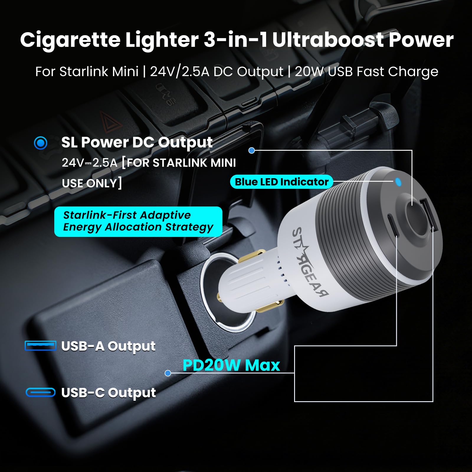 Starlink Mini 3-in-1 Car Charger, 12V to 24V DC Step Up Converter with Dual USB Ports,Starlink Mini Cable 12V Power Cable 3M/10FT, 16AWG Cigarette Lighter to DC Cord 5