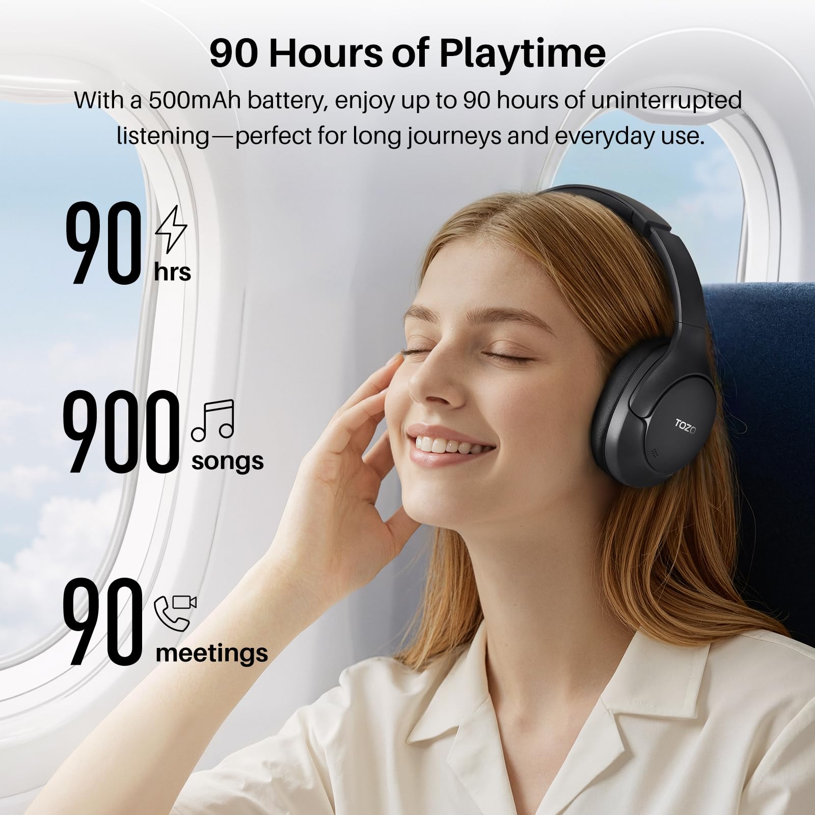 TOZO HT3 Hybrid Noise Cancelling Headphones, 90H Playtime Wireless Over Ear Bluetooth Headset, 3.5mm Aux Cable, Audio Cable Cords 4