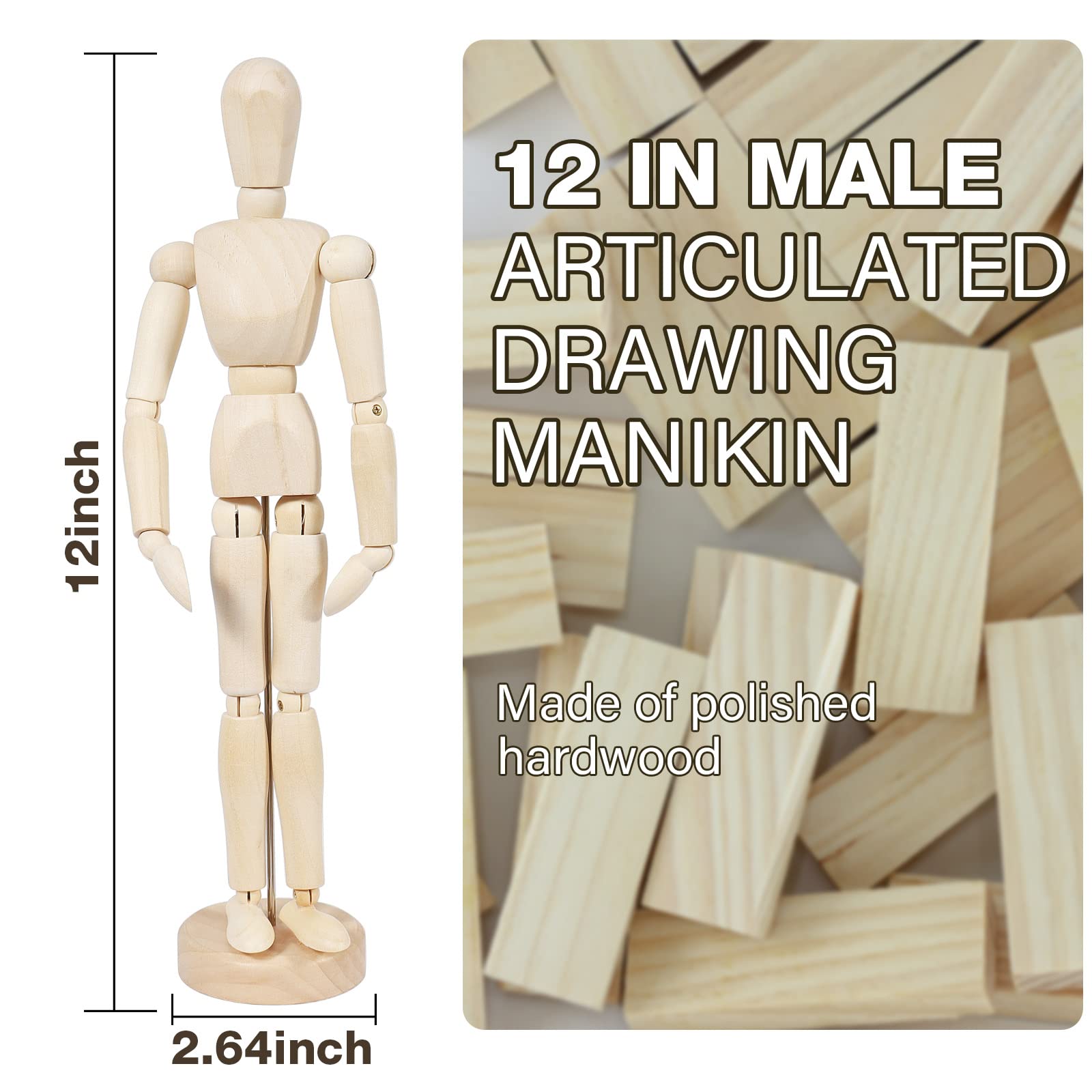 2Pcs 12' Wood Poseable Mannequin,Artists Wooden Manikin Jointed Mannequin,Mini Art Figure Drawing Model with Base and Flexible Body,Perfect for Home Decoration or Drawing The Human Figure 3