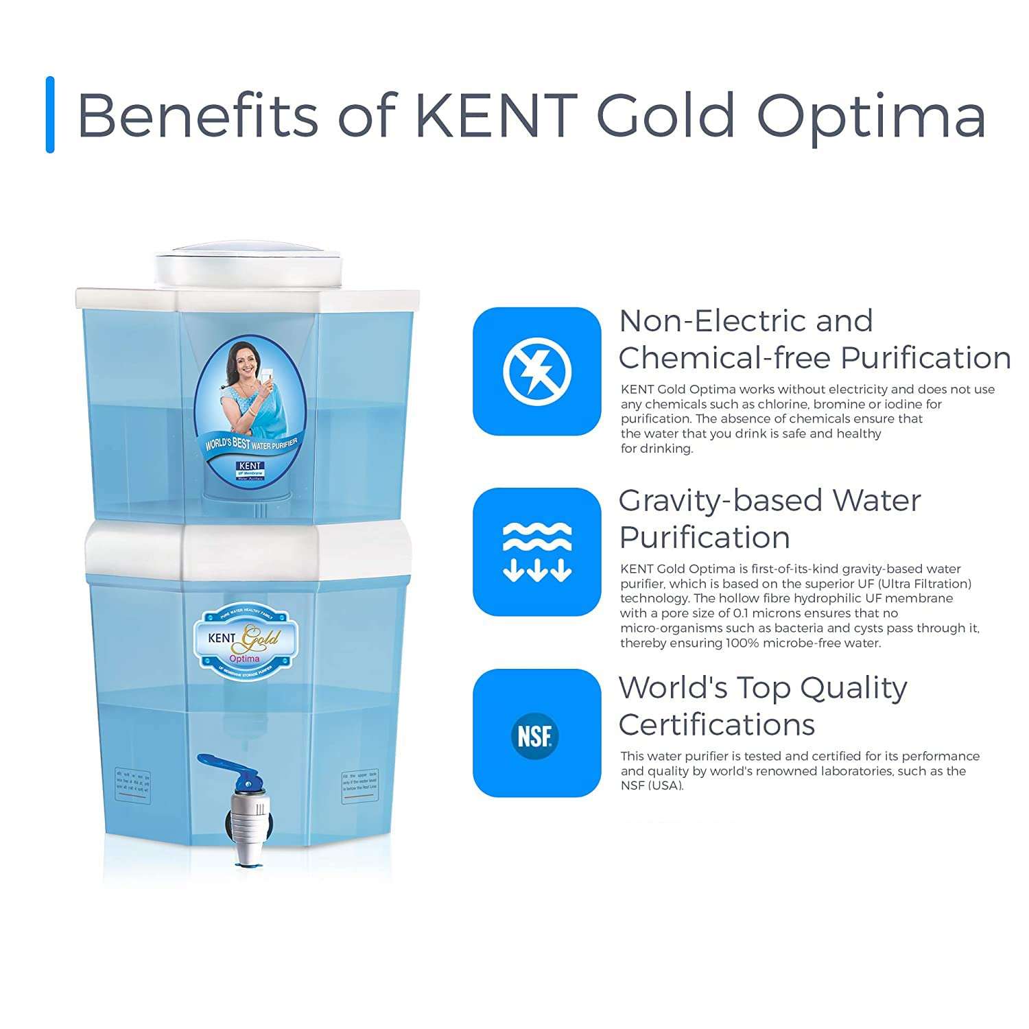 KENT Gold Optima Gravity Water Purifier (11016) | UF Technology Based | Non-Electric & Chemical Free | Counter Top | 10L Storage | White 2