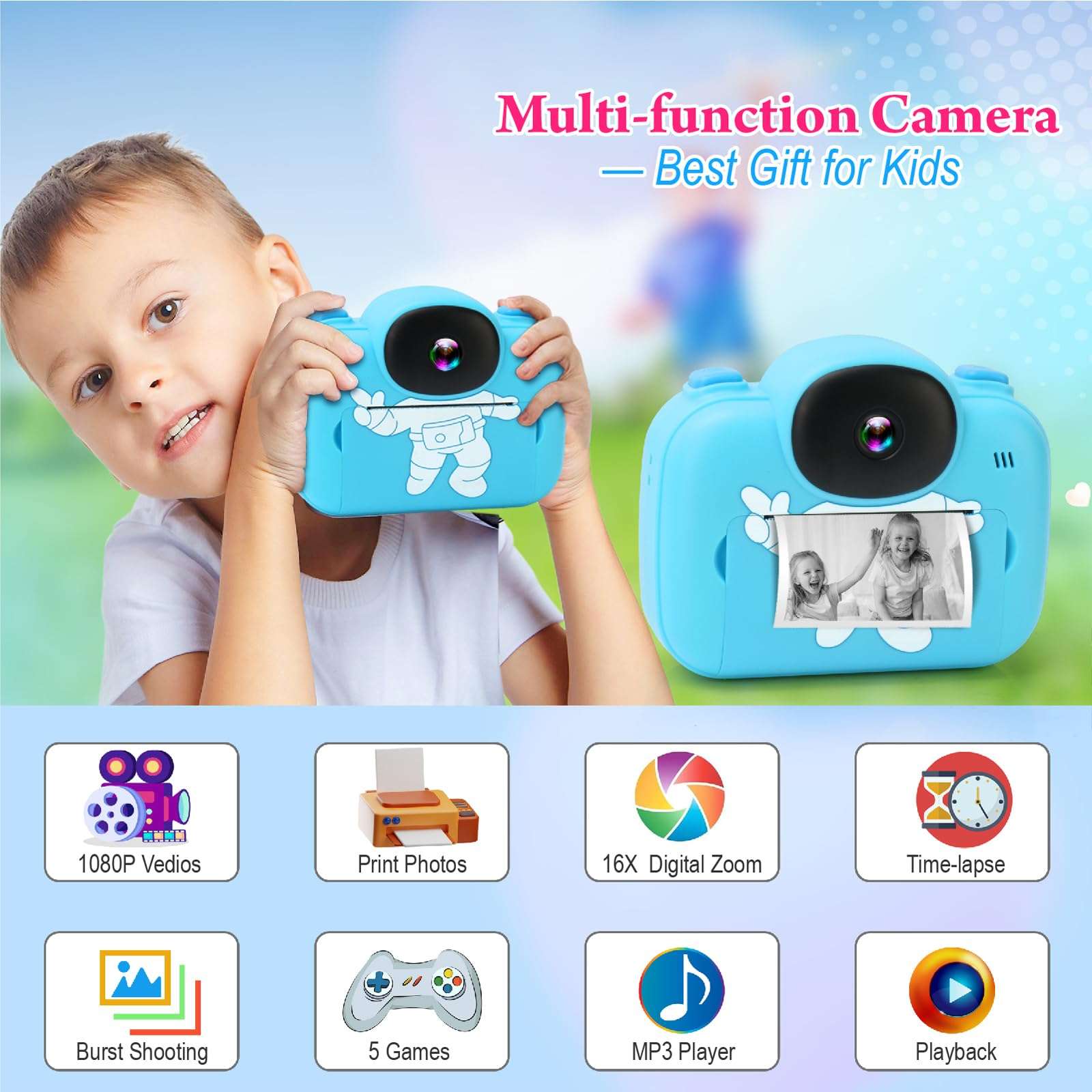 Kids Camera Instant Print, 3.5'' Kids Digital Camera Instant with 1080P HD Photos & Videos, Christmas Birthday Gifts for Girls Boys Age 3-12 (Blue) 2