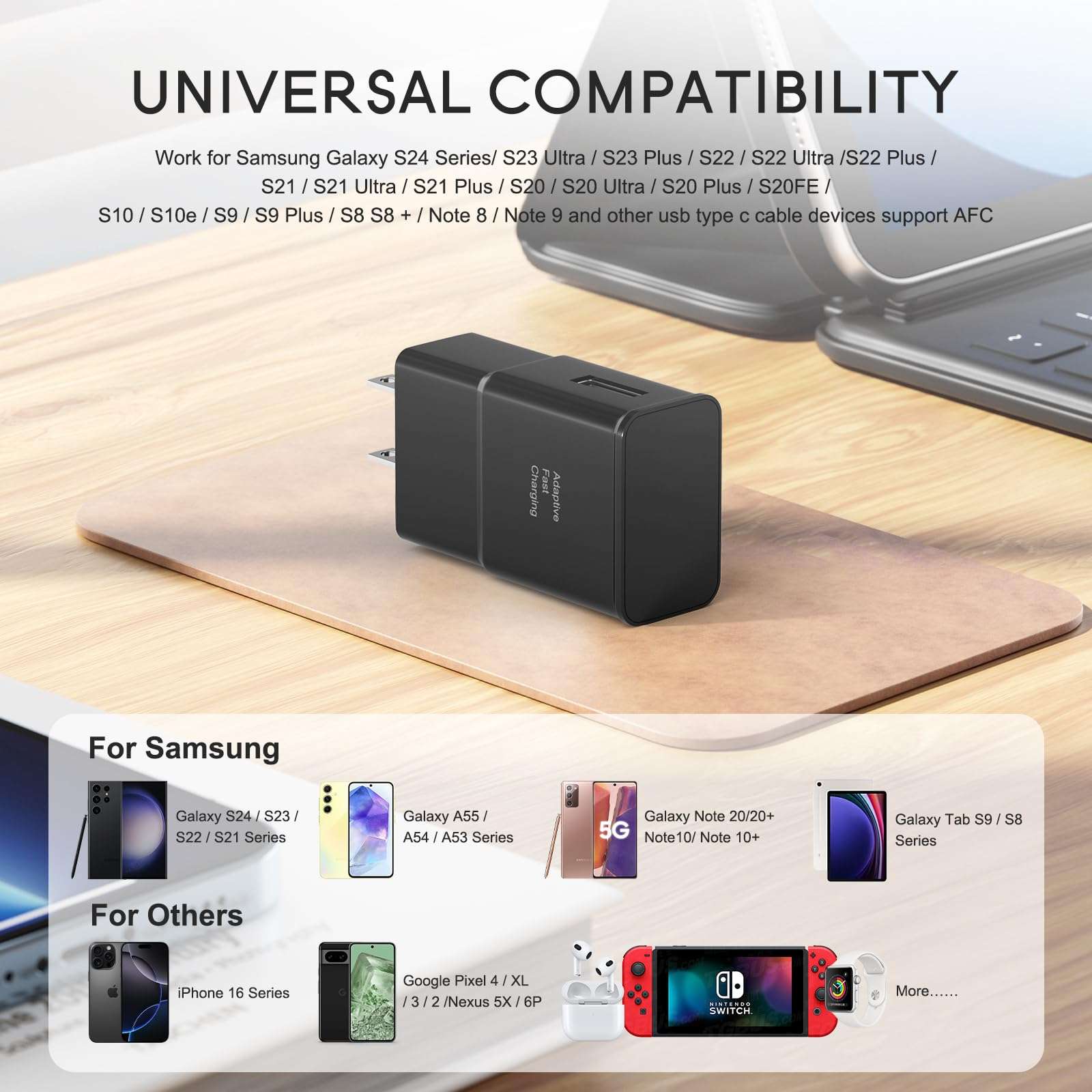 Samsung Adaptive Fast Charging Adapter Quick Charge Charging Block Wall Charger Plug Compatible with Galaxy S25/S25+/S24/S24+/S23/S23+/S22/S22+/S21/S20/S10/S10+/S10e/S9/S9+/S8/Active/Note 3