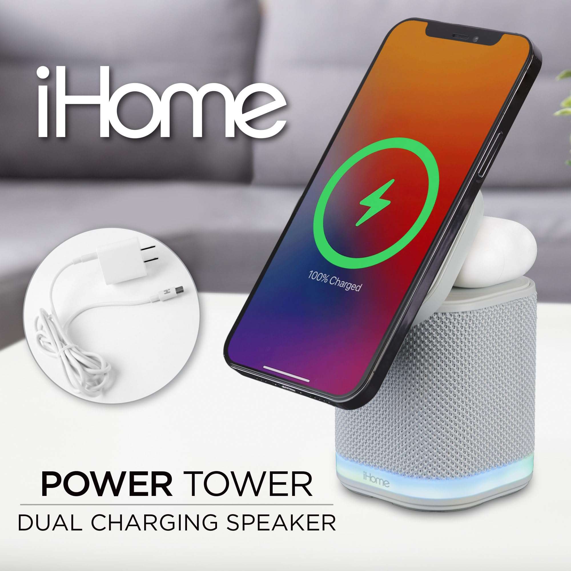 iHome Bluetooth Speaker with Wireless Charger, Charging Station with Color Changing Night Light - Gray (iPBT50G) 2