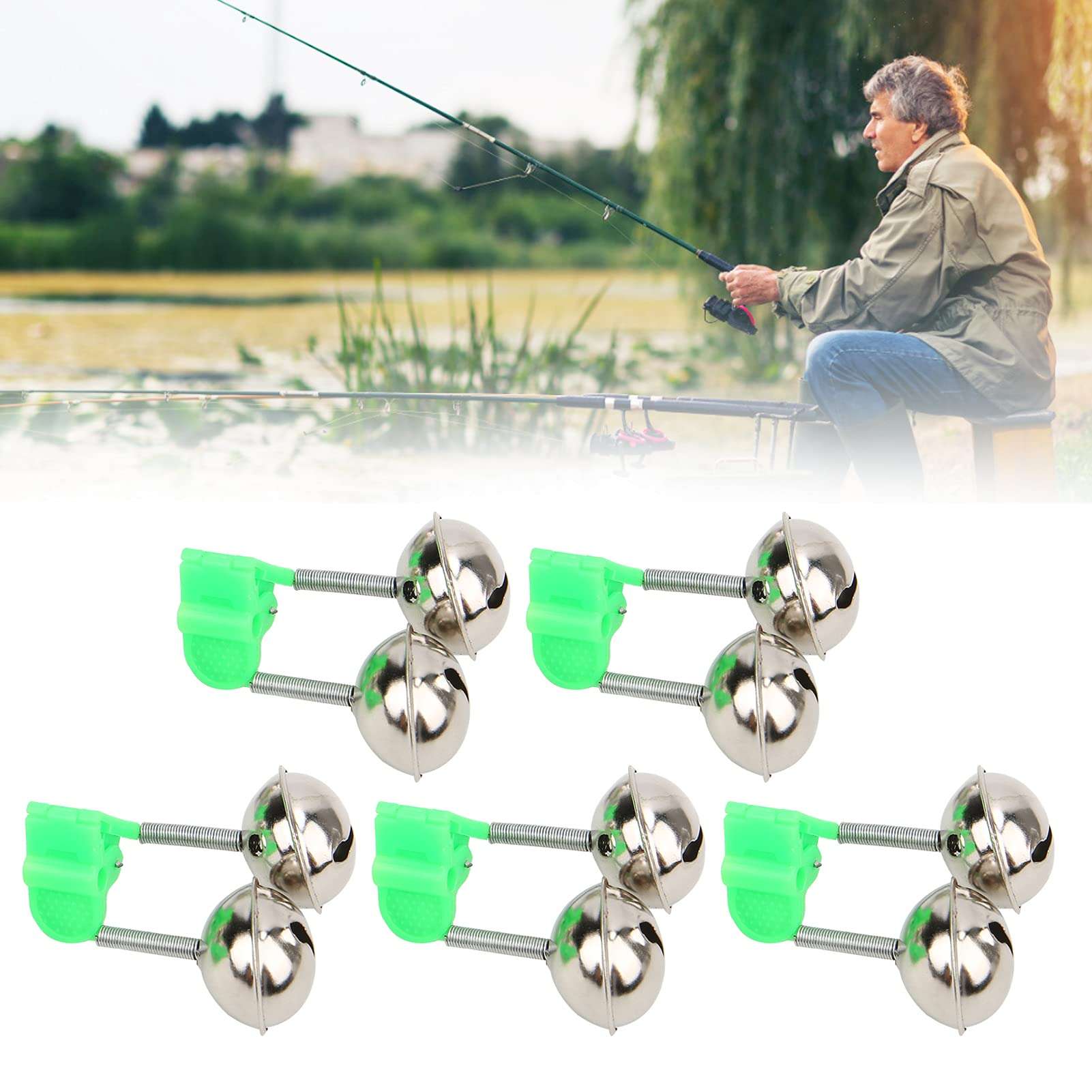 VGEBY 5Pcs Fishing Rings Fishing Pole Fish Bite Lure Alarm Alert Twin Ding Rod Tip Clip Fishing Green 4
