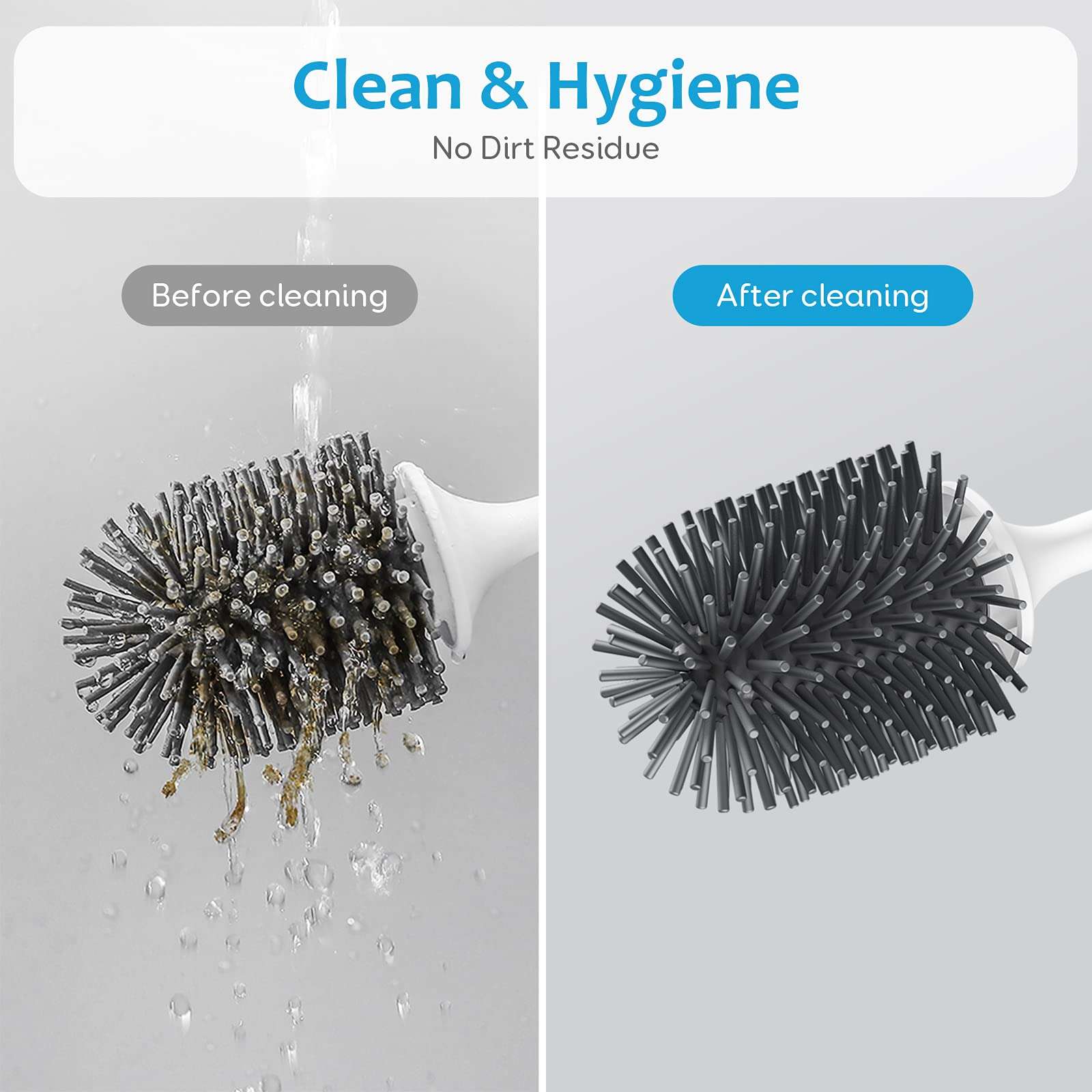 ENIBON Silicone Toilet Brush and Holder, Bathroom Toilet Bowl Cleaner Brush with No Scratch TPR Soft Bristles, Vented Holder and Anti-Slip Handle, Wall Mount/Freestanding, Grey 6