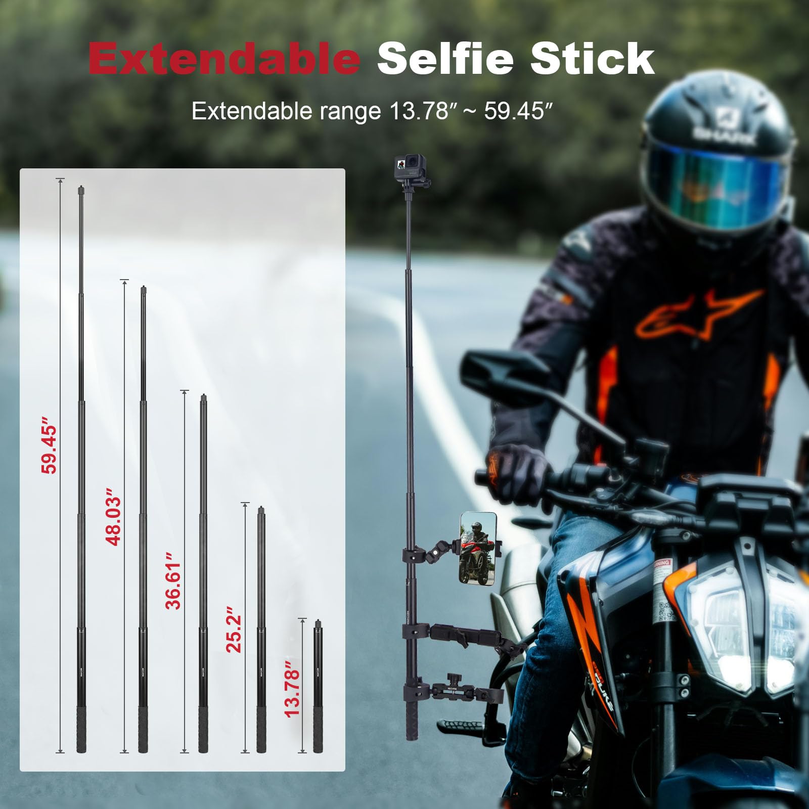 Mechrig Motorcycle Ebike Mount kit for Insta360 X5, Bike & Golf Car Handlebar Clamp Mount and 59" Invisible Selfie Stick Bundle Kit, Super Clamp, Action Camera Adapter for GO2/3/3S/DJl, JC027 3