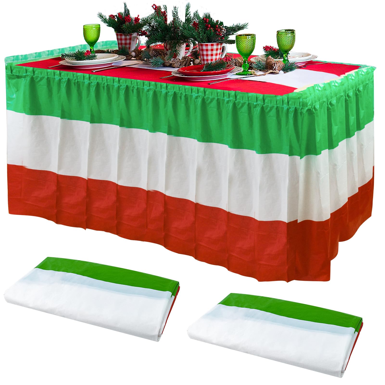 2 Pack Christmas Table Skirts Xmas Table Skirts Red White and Green Table Skirts for Rectangle Table Disposable Table Skirts for Christmas Birthday Table Skirt Party Decorations 2.4 x14 Ft