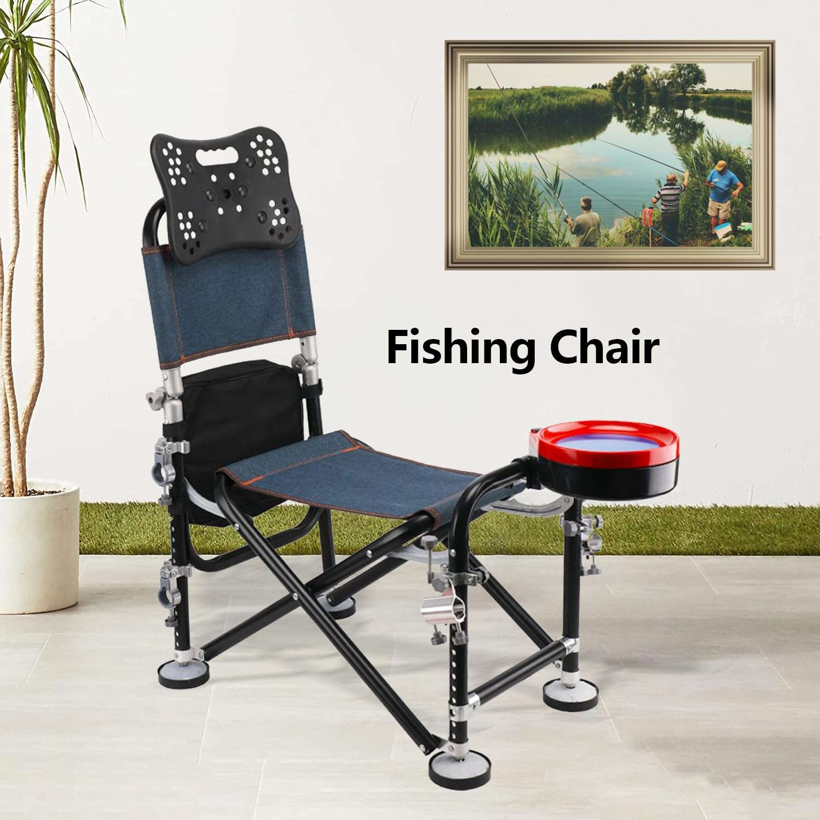 Tuelaly Portable Folding Fishing Chair with Rod Holder, Adjustment Fishing Chair with Backrest,Heavy Duty Camping Chair for Fishing Camping or Leisure,Support 300 LBS Black 4
