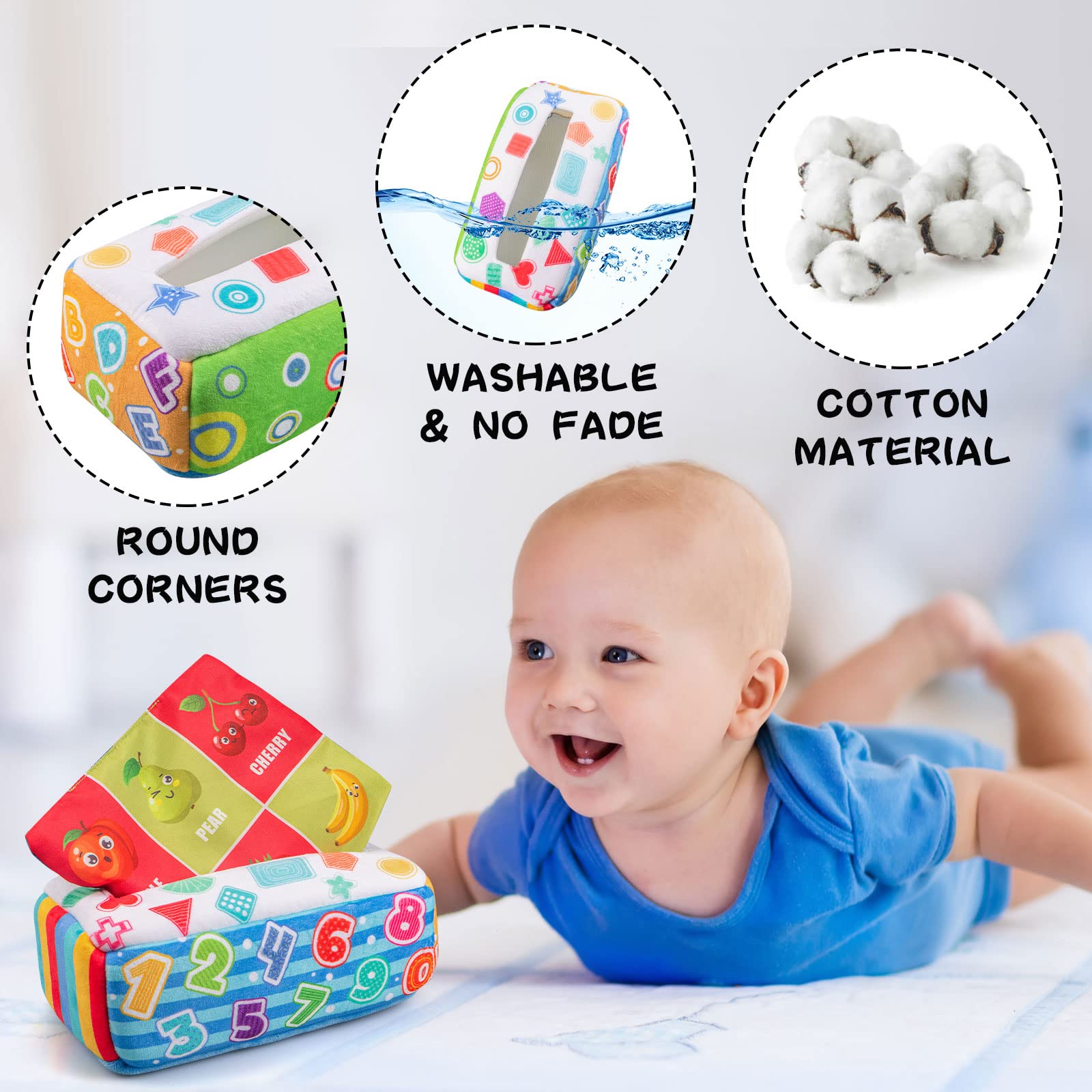 My First Baby Tissue Box Toy Montessori Toys for Babies 6-12 Months Infant Newborn Toddlers Sensory Toys Colorful Soft Scarf Box for 3 6 9 12 Months Baby Gifts + Free Baby Bath Books 3