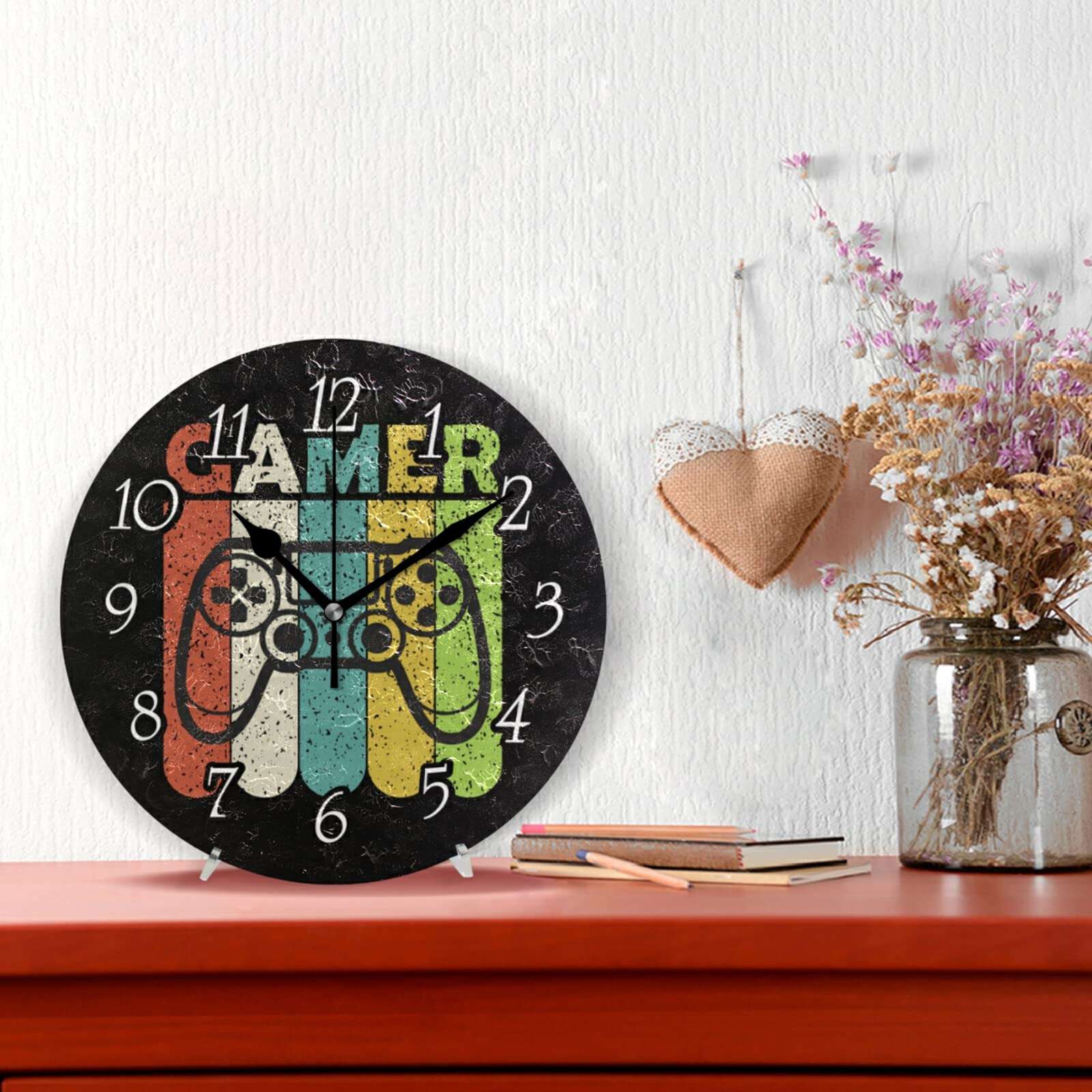 Colorful Joystick Vintage Gamepad with Slogan Gamer on Dark Wall Clock, Silent Non-Ticking Easy to Read Round Decorative Wall Clock with Black Hands for Home Office School 9.5" in Diameter 3