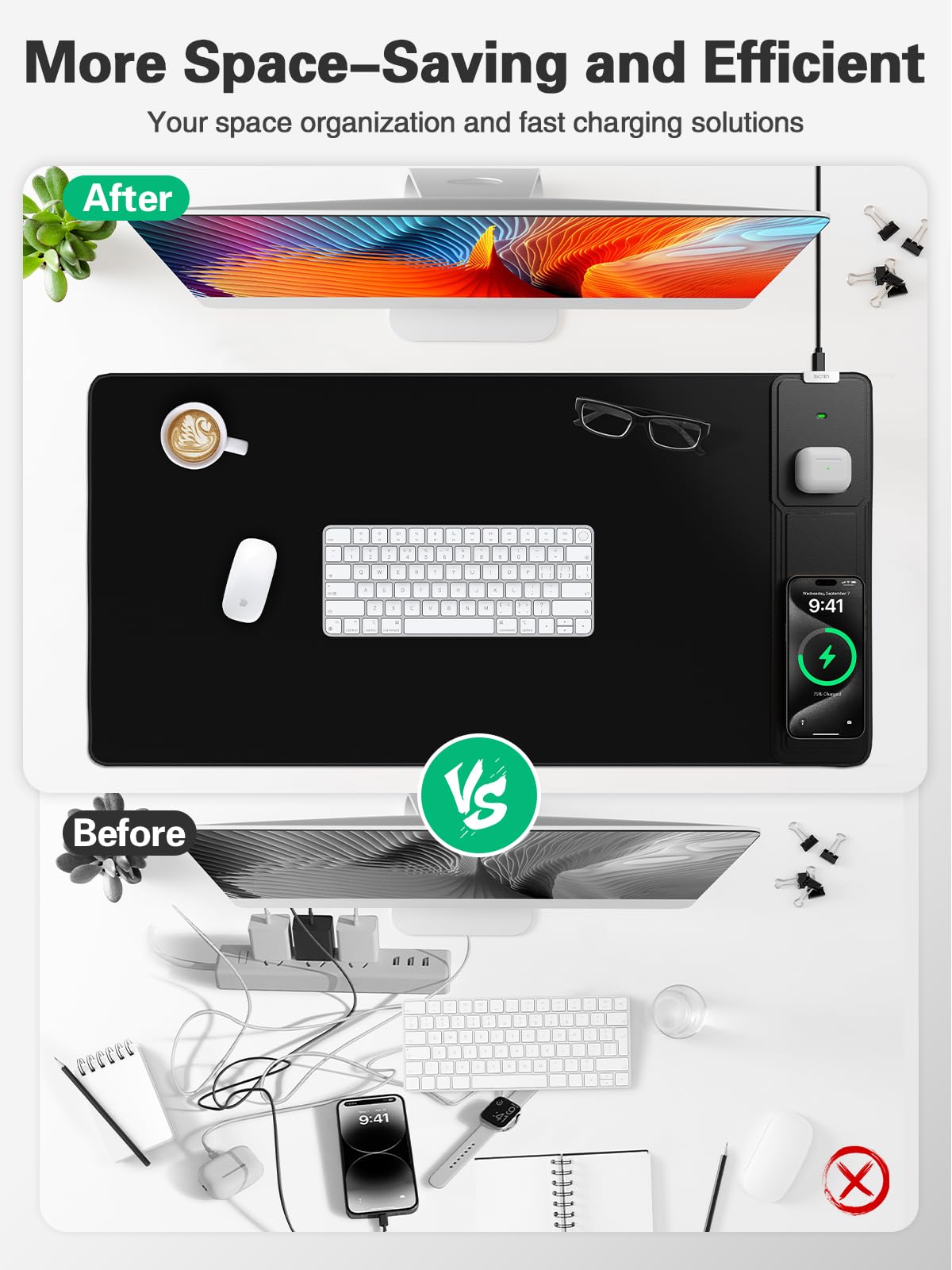 Mouse Pad with Foldable Phone Holder, Wireless Charging Desk Mat, 31.5"x15.8" Large Mousepad with Superior Micro-Weave Cloth, XXL Desk Pad with Non-Slip, Waterproof Keyboard Pad for Home & Office 5