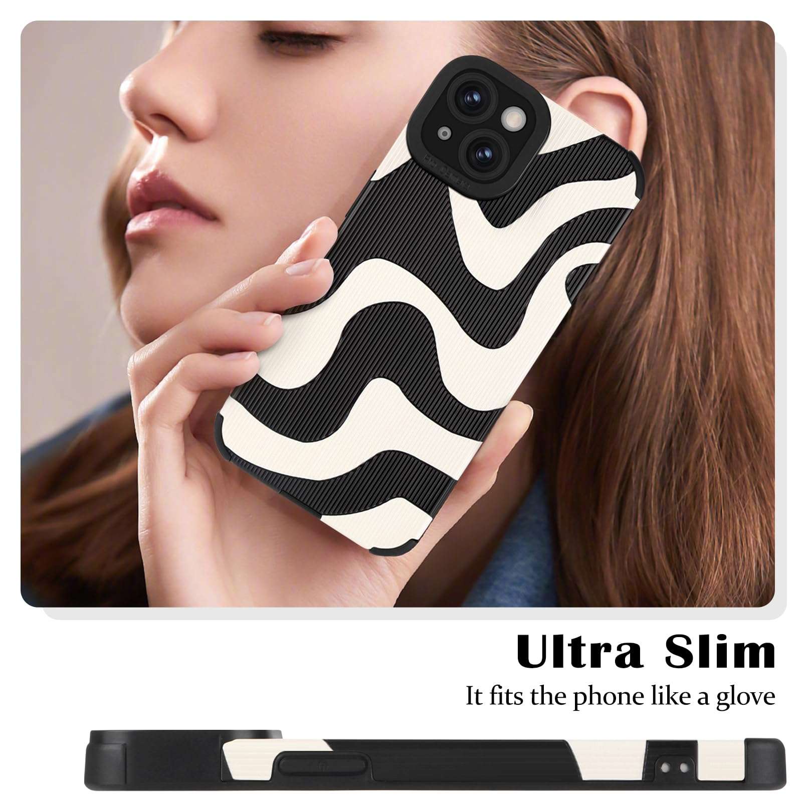 Newseego for iPhone 14 Case, Cute Zebra Wave Pattern Design Case for Women Girls Soft TPU Bumper Anti-Scratch Shockproof Full Camera Protective Case Cover for iPhone 14-Black White 3