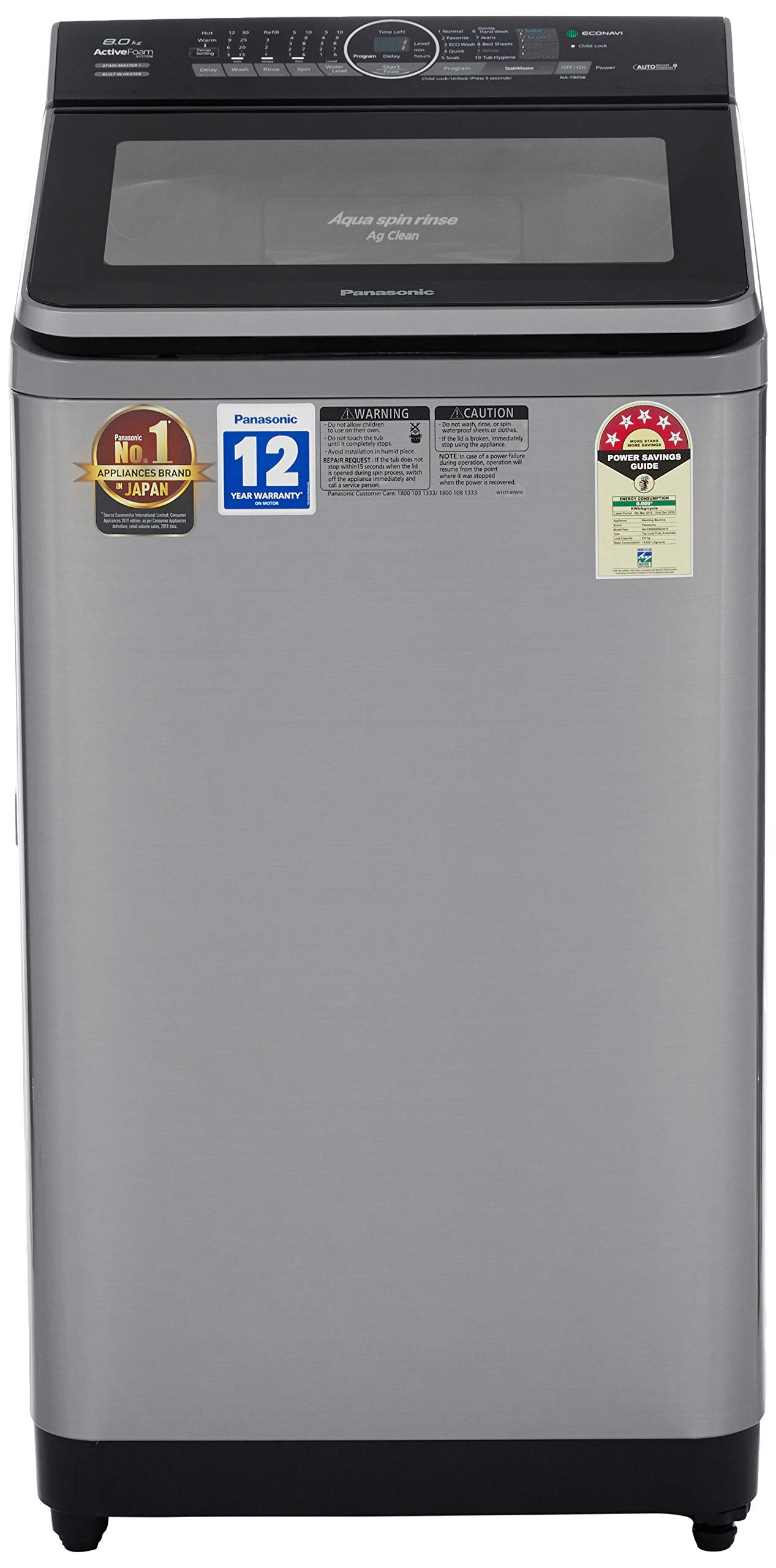 Panasonic 8 kg Built-in Heater Fully-Automatic Top Loading Washing Machine (NA-F80S8SRB,Stainless Steel, Active Foam System) with Built in Heater, EcoNavi, Gentle Hand Wash