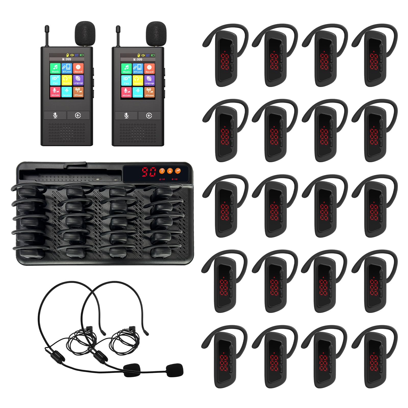 PANDAAR Tour Guide System, Wireless Tour Guide Headsets for Church/Museume/Tour Group, 2.4" Touch Screen, 656ft Range, 21 Slot Charging Base, 24H Battery(2 Transmitter & 20 Receivers)
