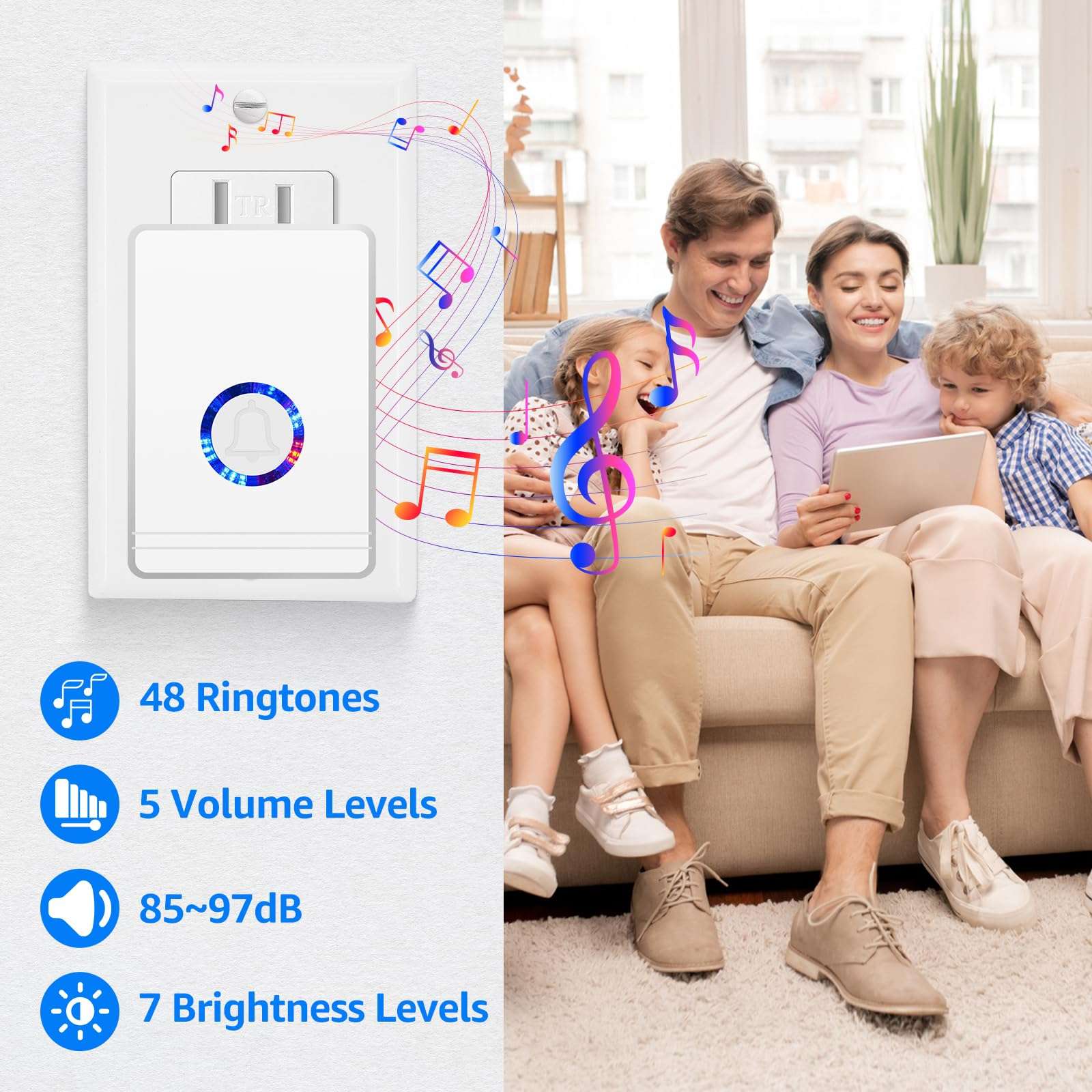 USUPERINK Motion Sensor Bell for Door Entrance,Motion Sensor Chime, Plug in Doorbell Wireless,48 Ringtones, 5 Levels Volume,Easy Installation,1300ft Long Distance,97dB Loud,for Home,Office,Hotel,6PK 3