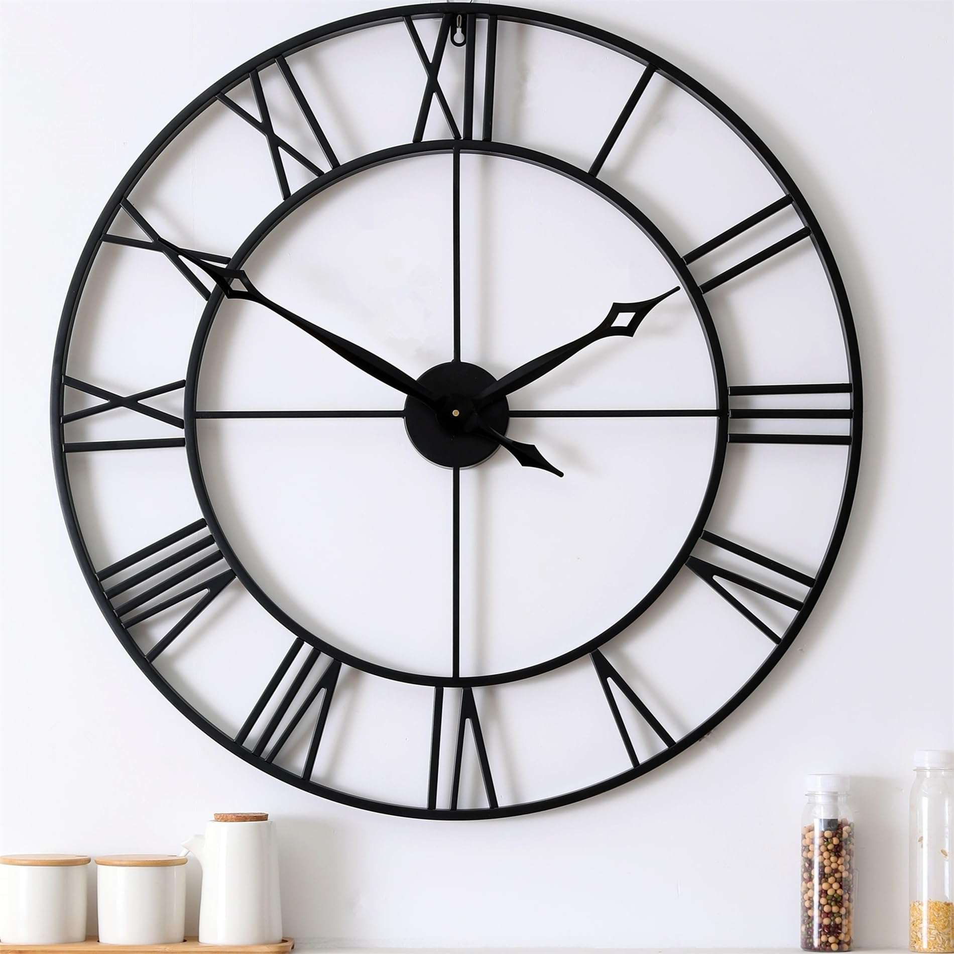 CLXEAST 30 Inch Large Oversized Roman Numeral Decorative Black Metal Wall Clock for Living Room Decor 18 Inch in/Outdoor Singing Bird Wall Clock,Auto Silent Night Mode 3