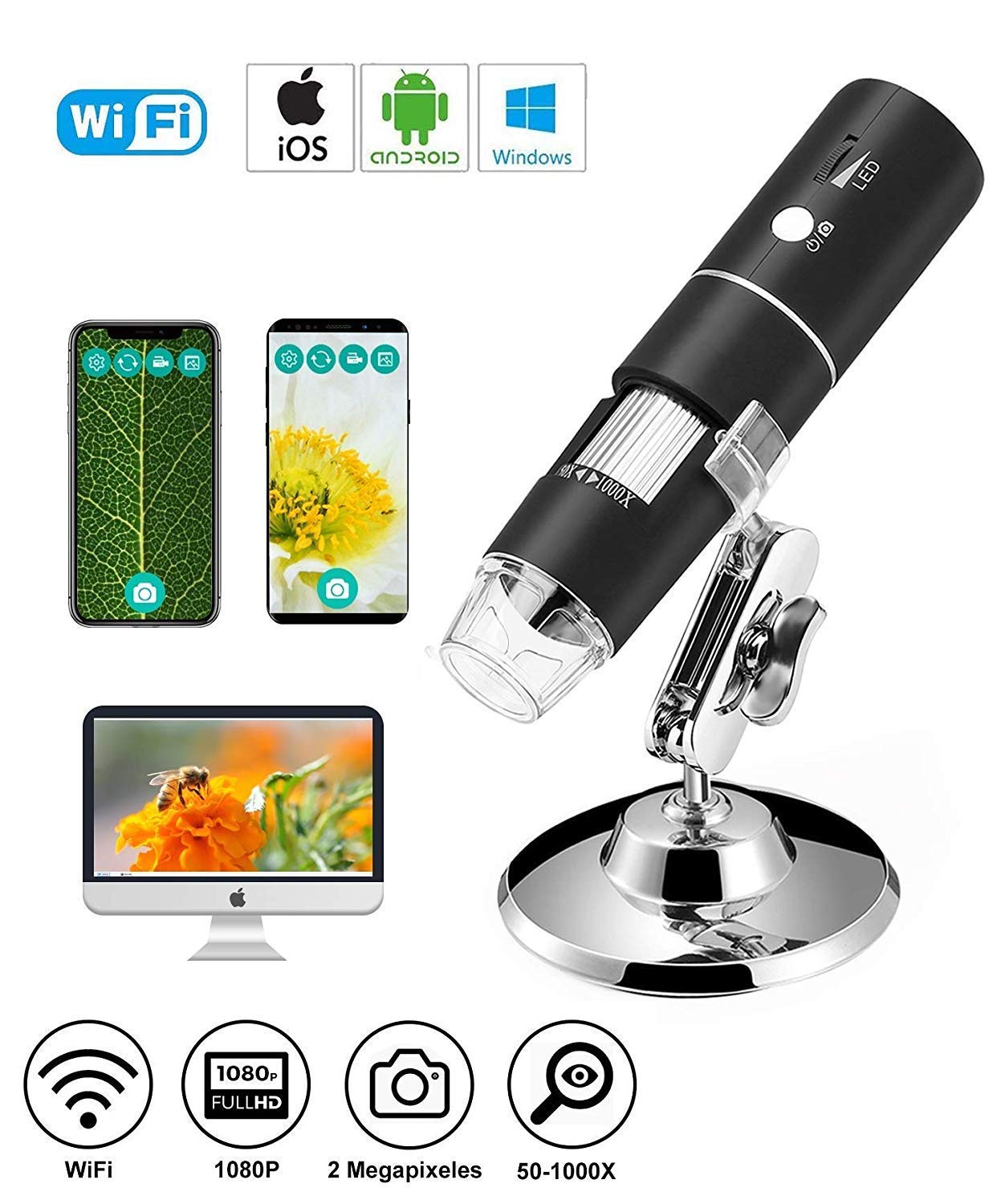 RuhZa Wireless Digital Microscope, 50X-1000X Magnification Handheld USB HD Inspection Camera, with Stand Compatible for ifone,Android,iPad,Mac,Sams0ng Galaxxy,Windows Computer etc. 6