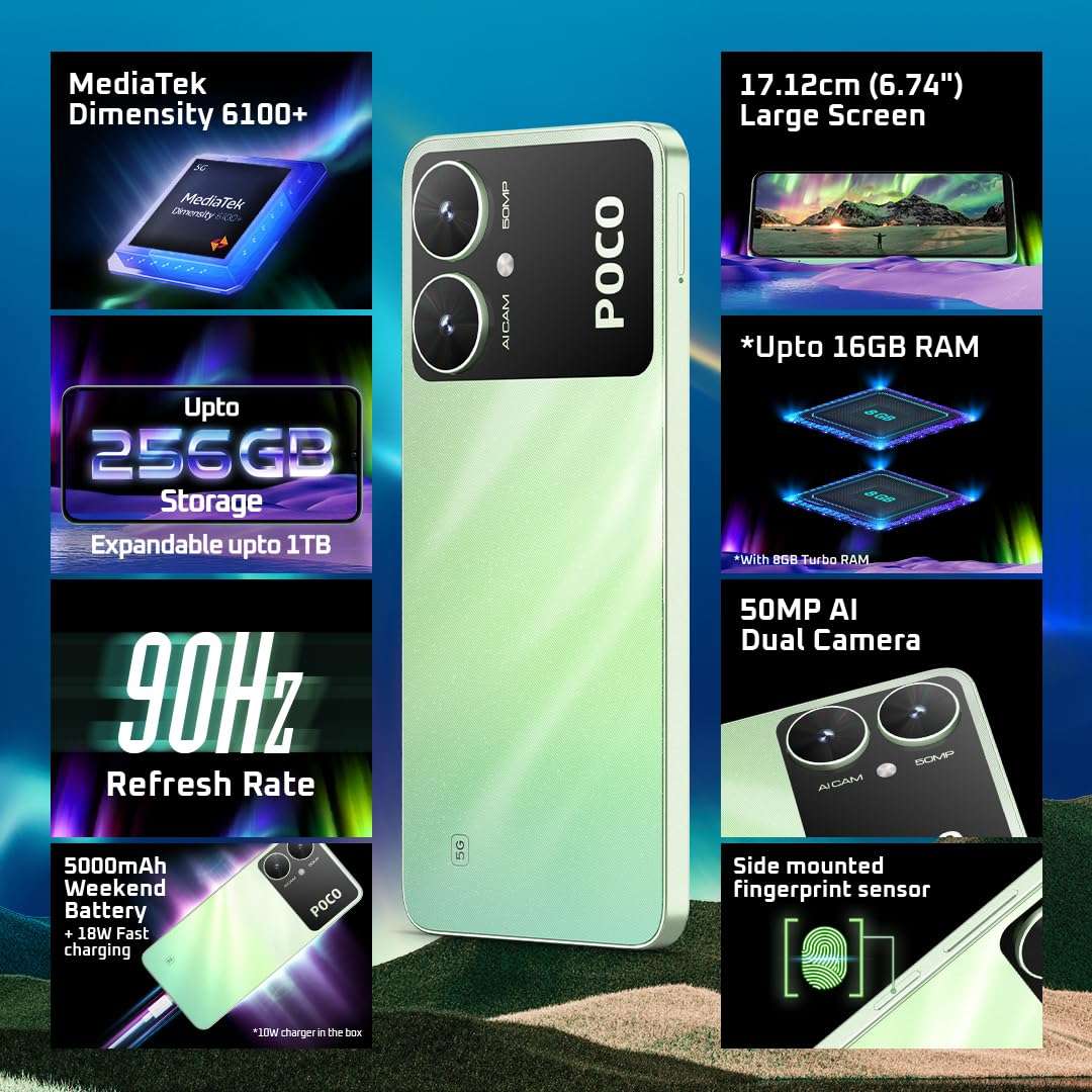 POCO M6 5G (Polaris Green, 4GB RAM, 64GB Storage) | MediaTek Dimensity 6100+ 5G Processor | 5000 mAh Battery + 18W Fast Charging | 50 MP AI Dual-Camera System & Side Fingerprint Sensor 3