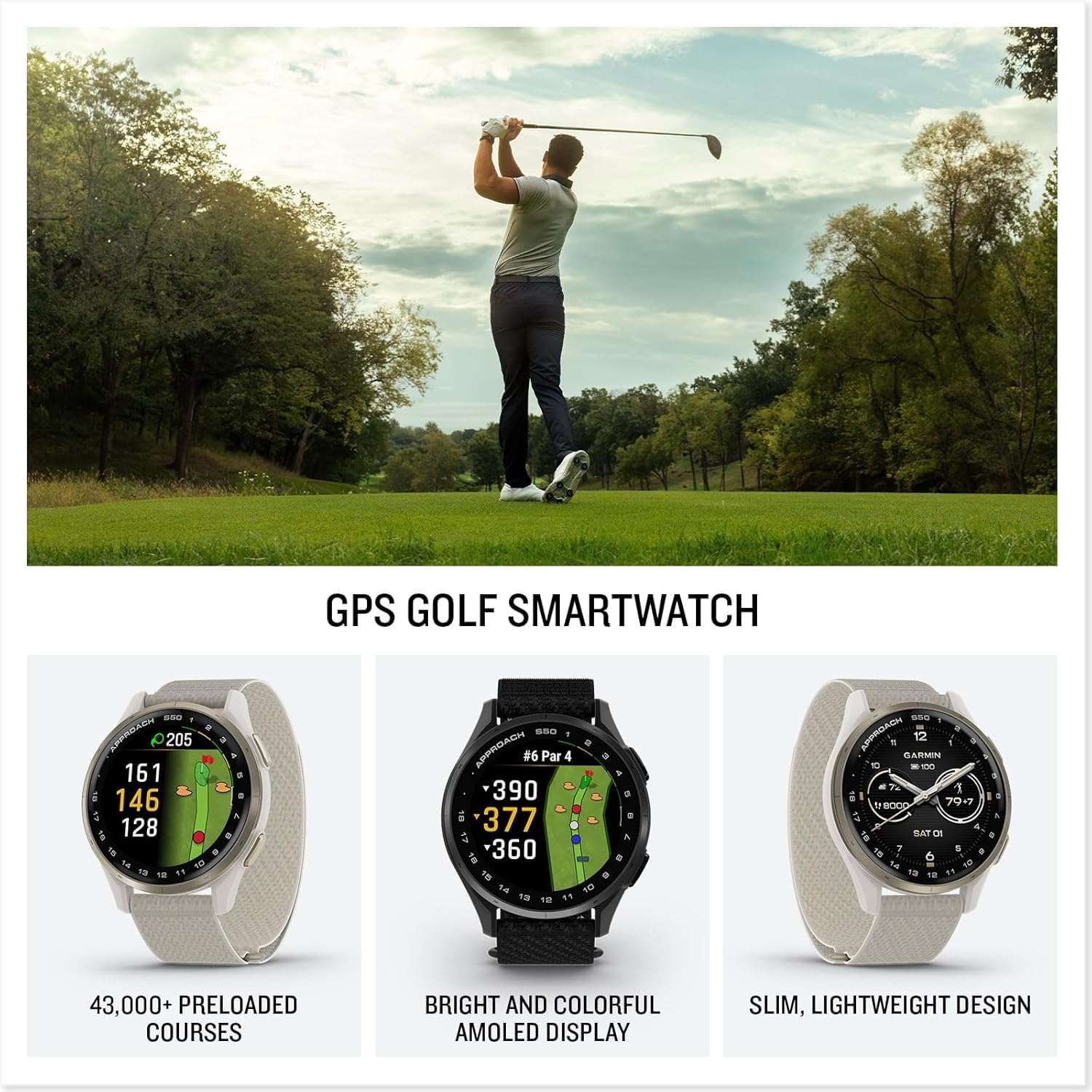 Garmin Approach S50 Advanced Golf Watch with GPS, AMOLED Display, Sports and Fitness Smartwatch, Cream Gold Aluminum Bezel with Ivory Comfort Fit Nylon Band Bundle with Wireless Air Buds 3