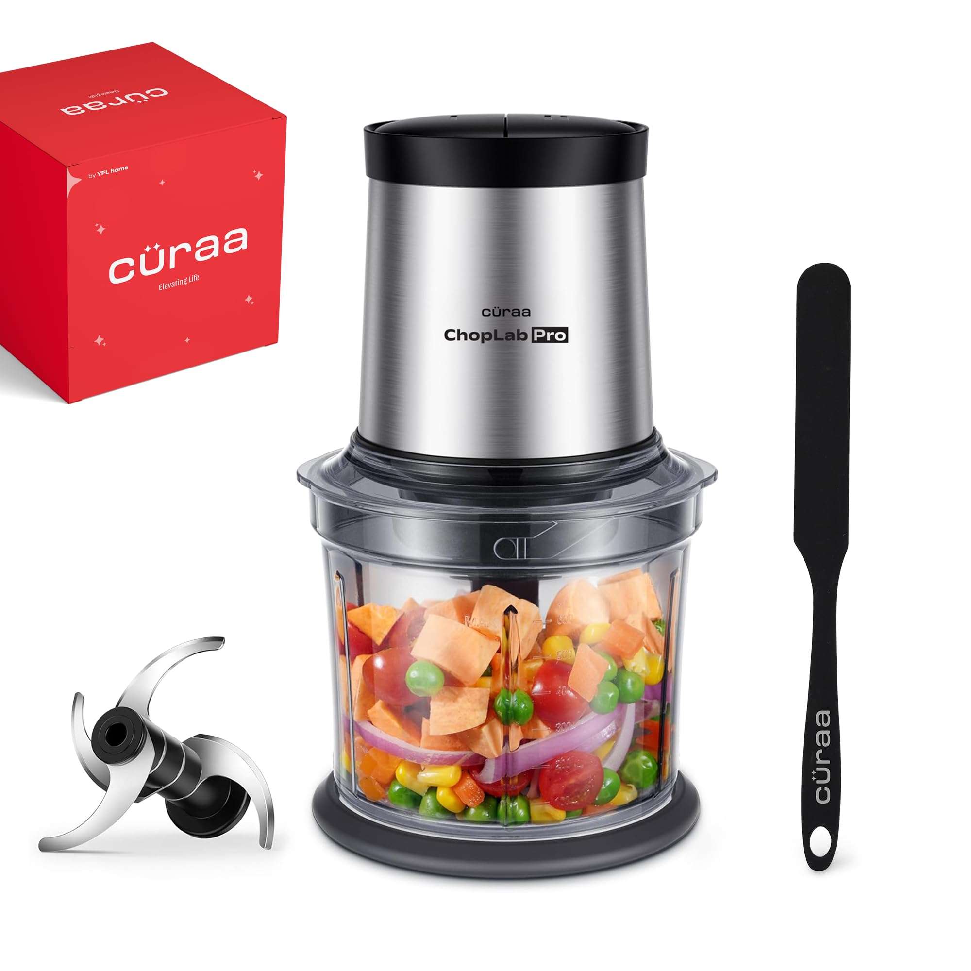 Cüraa ChopLab Pro Electric Vegetable Chopper for Kitchen with 2 Speed Modes, 300 Watts Copper Motor, 900 ml | 4 Stainless Steel Blades to Chop Vegetables, Nuts | 2 Year Warranty (Black) 1