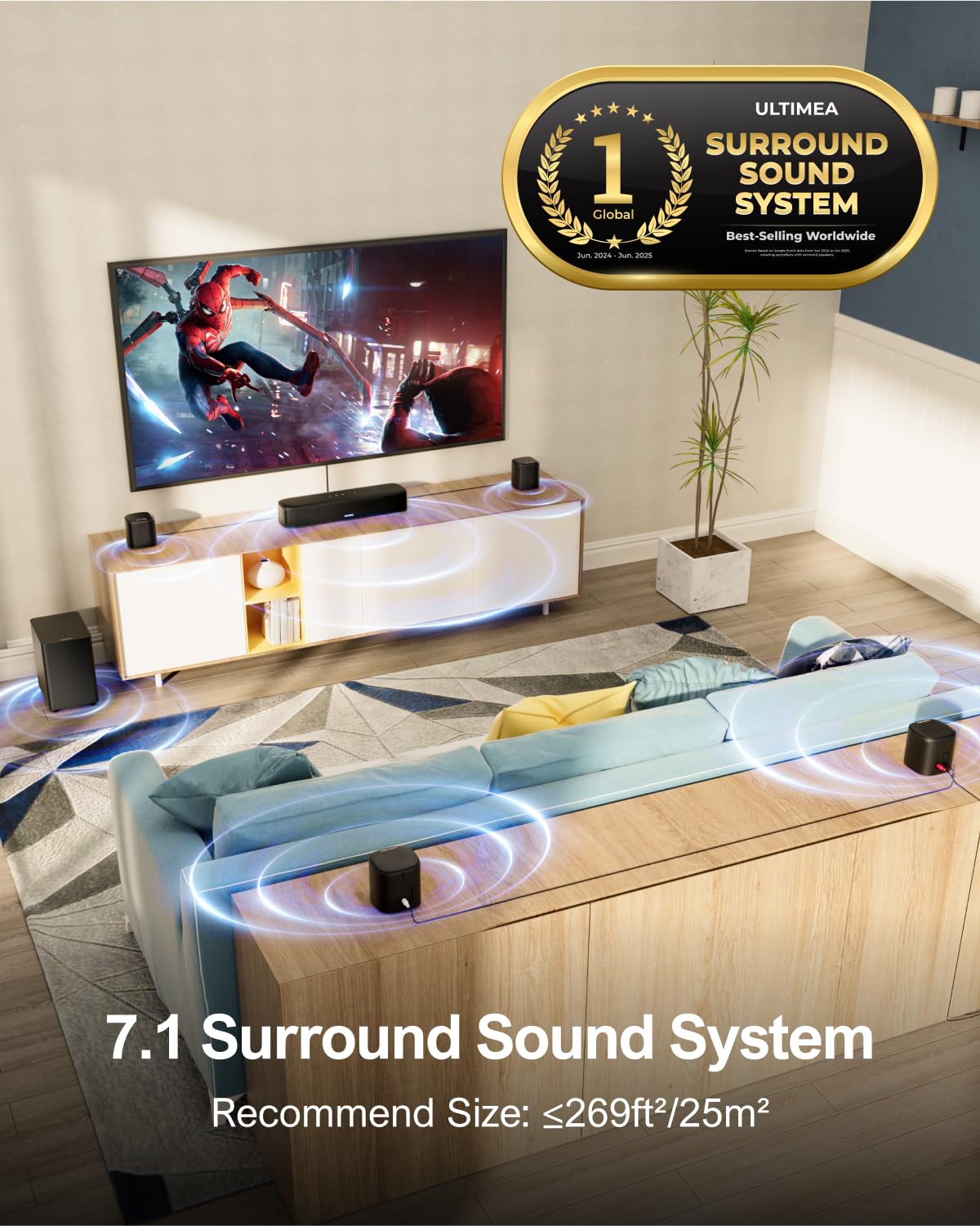ULTIMEA 7.1ch Surround Sound Bar for Smart TV, Bundle with Two Packs Adjustable Speaker Stands, 330W Home Theater Audio with 4 Surround Speakers, Works with Aura/Poseidon/Apollo&Skywave Series 4