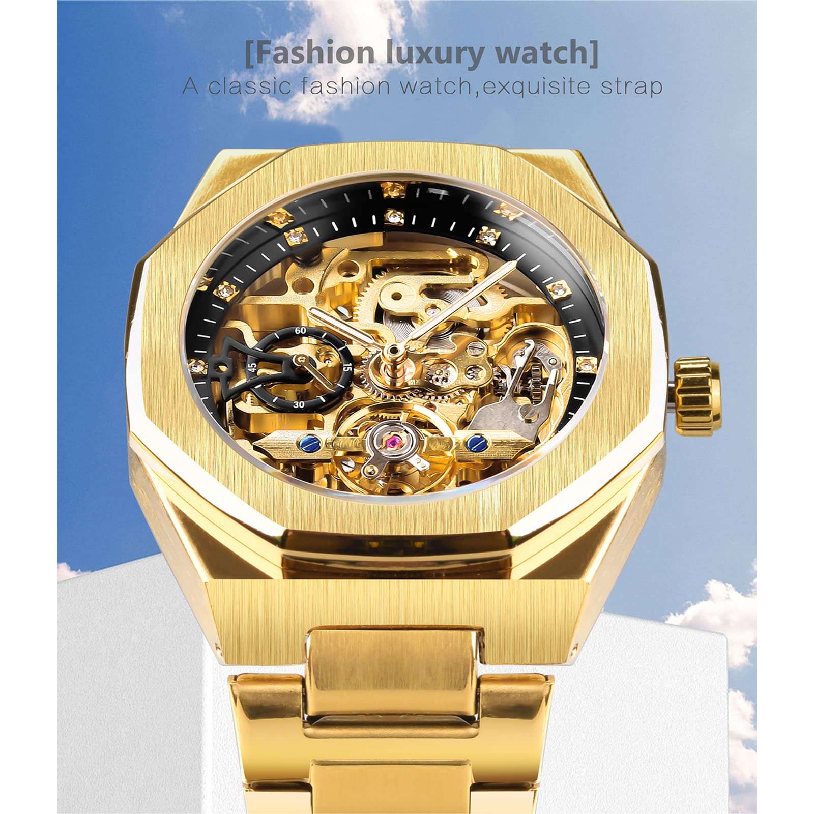 FORSINING Automatic Watch Mechanical Wrist Watch for Men Octagonal Waterproof Skeleton Watches Luxury Diamond Tourbillon Silver Stainless Steel Band 2