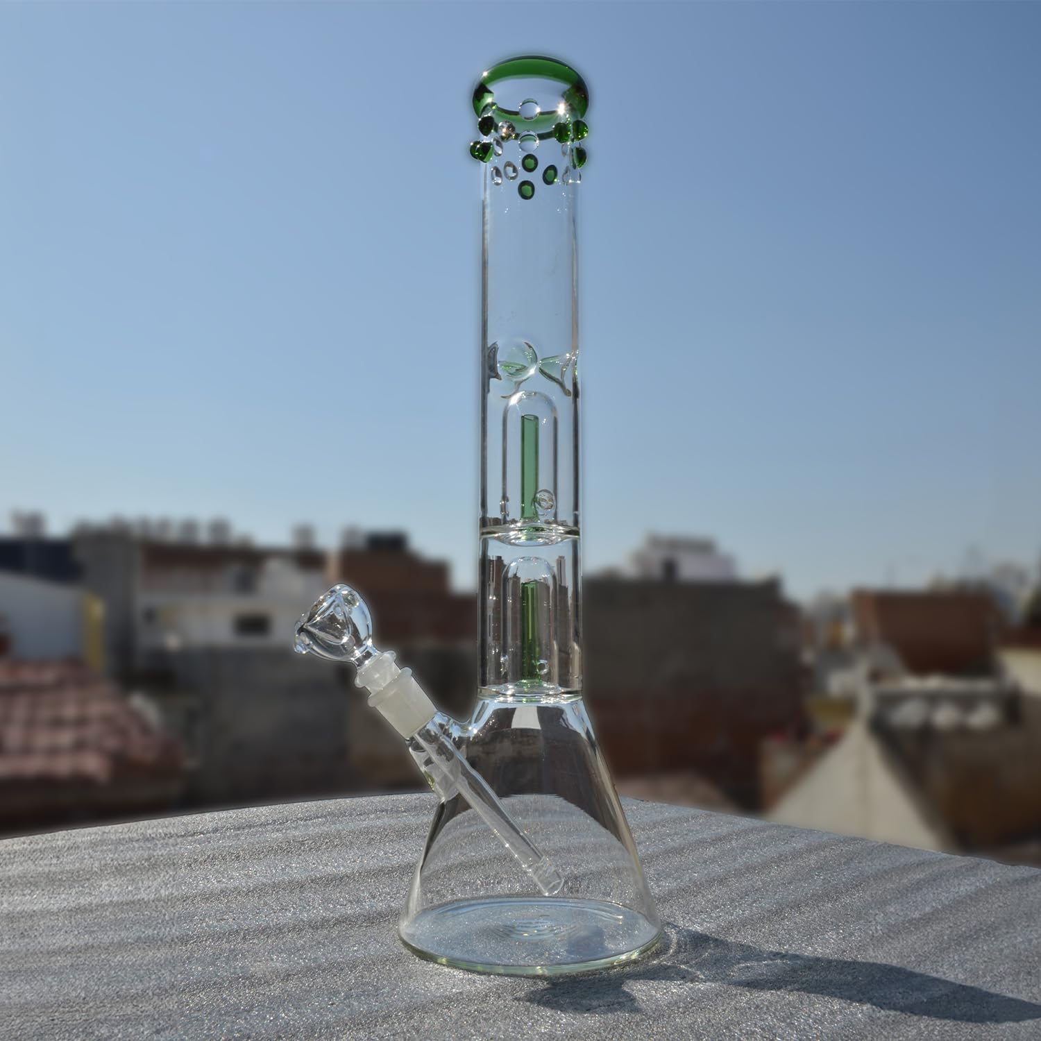 AL - Rasta Borosilicate Glass Banta Double Percolator Bong (16 Inch 50mm) + Free Glass Filters + 1 Brush + 1 Down Stem + 1 Herb Cap + Bong Cap Silicone Plug 6