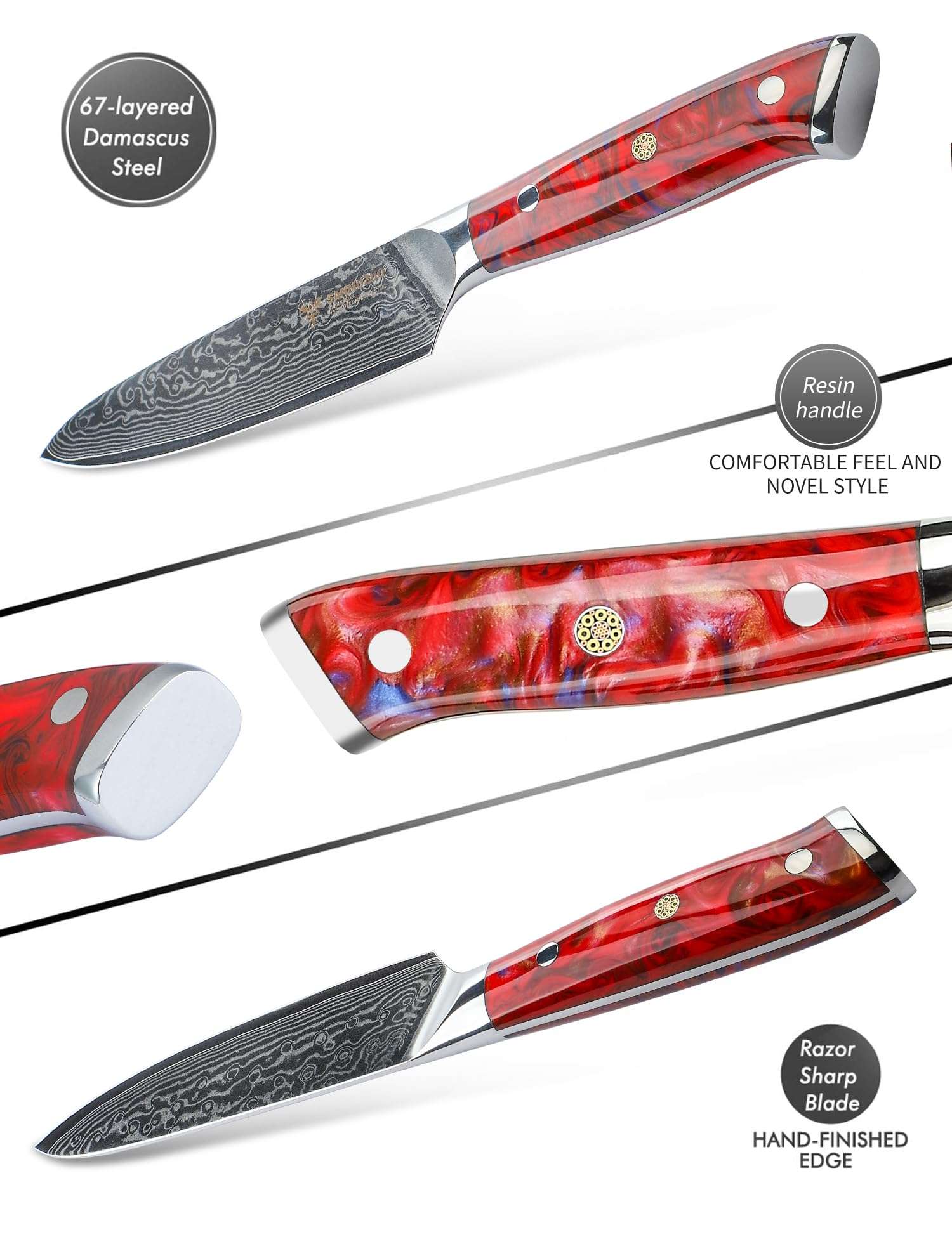 SANMUZUO 5 Inch Kitchen Utility Knife - Xuan Series Kitchen Knives - VG10 Damascus Steel with Resin Handle (Sunset Red) 3