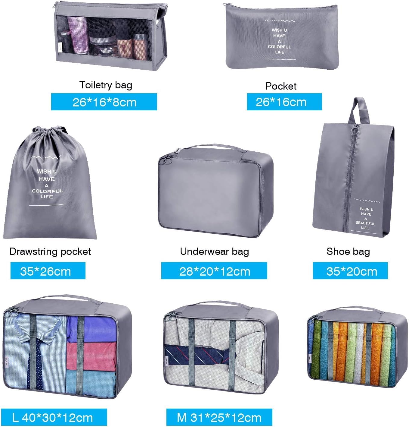 Flyngo 8 Pcs Travel Organizer Pouch Packing Cubes For Clothes Space Savers Bags Cosmetics/Underwear/Socks/Shoes Toiletry Bag Laundry Organiser (Grey) - Nylon 3