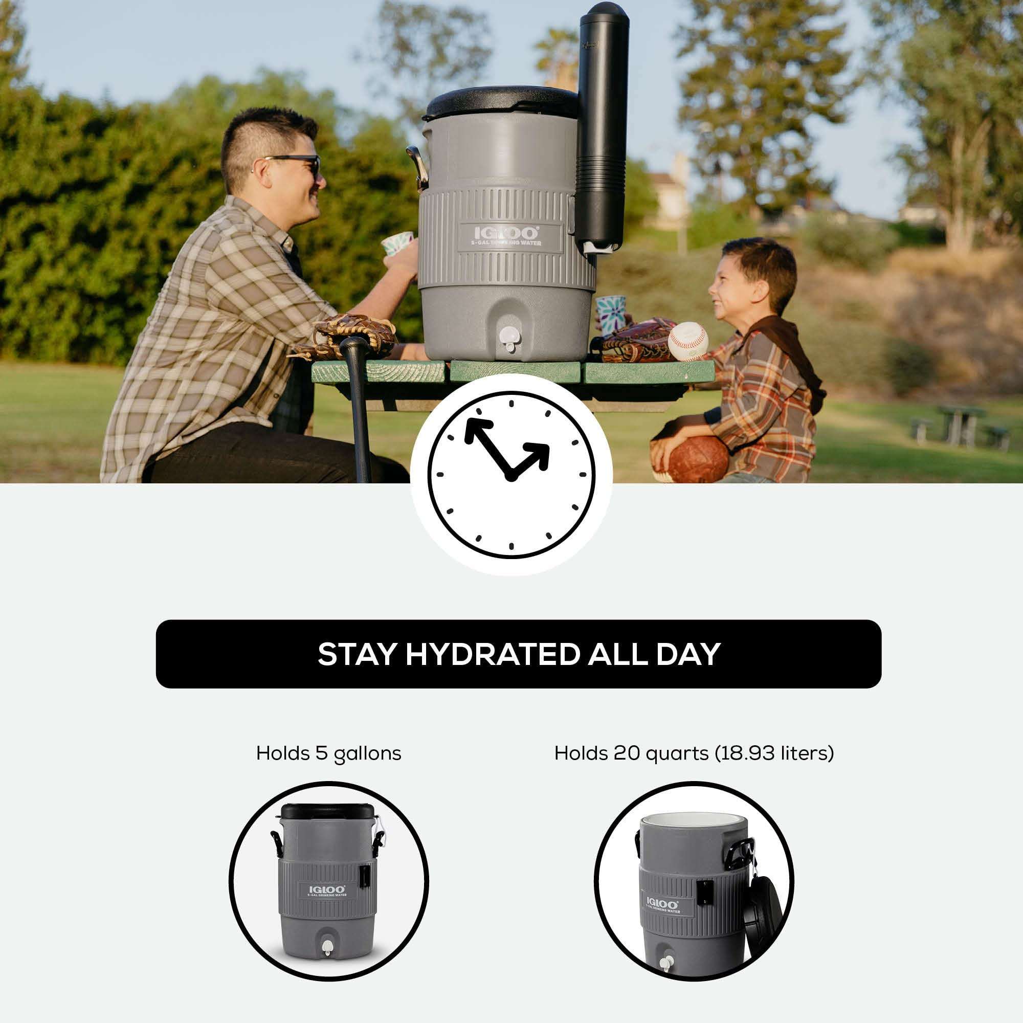 Igloo 5 Gallon Portable Sports Cooler Water Beverage Dispenser with Flat Seat Lid, Insulated Beverage Dispenser, Grey/Black 4