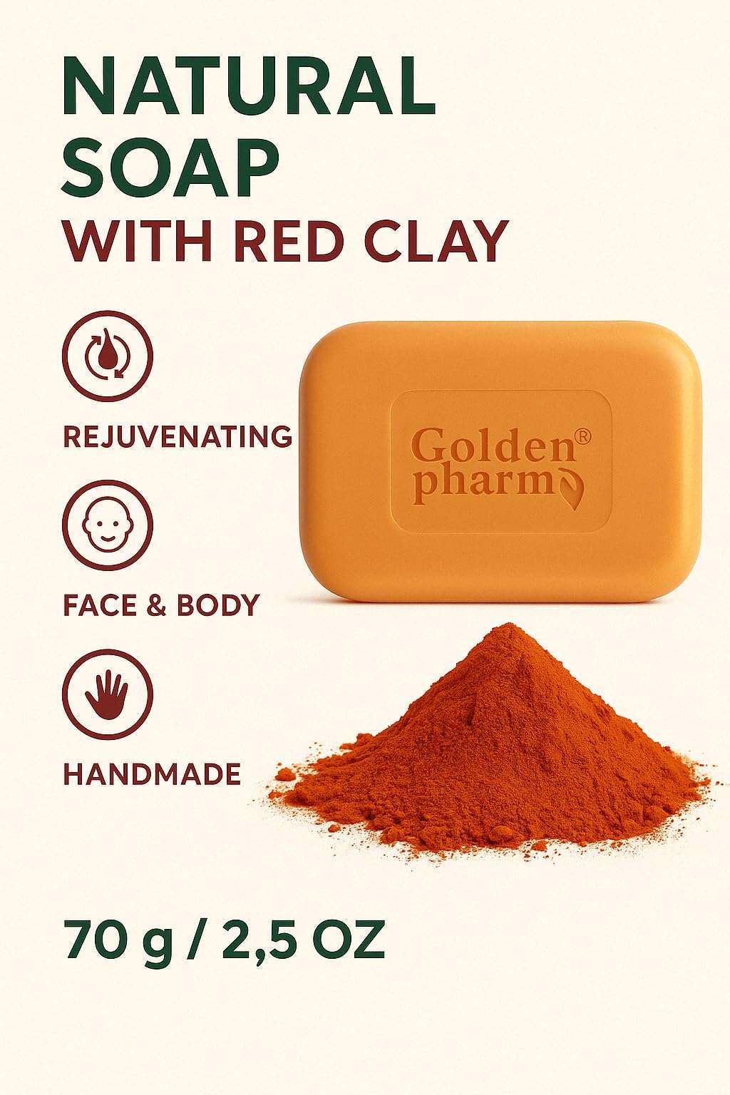 Original Herbs Red Clay Soap Bar for Face & Body - 70g (2.47oz) - 100% Natural, Cold Process Soap, Essential Oil Soap, Deep Cleansing for All Skin Types - Gentle Skincare for Men & Women 3