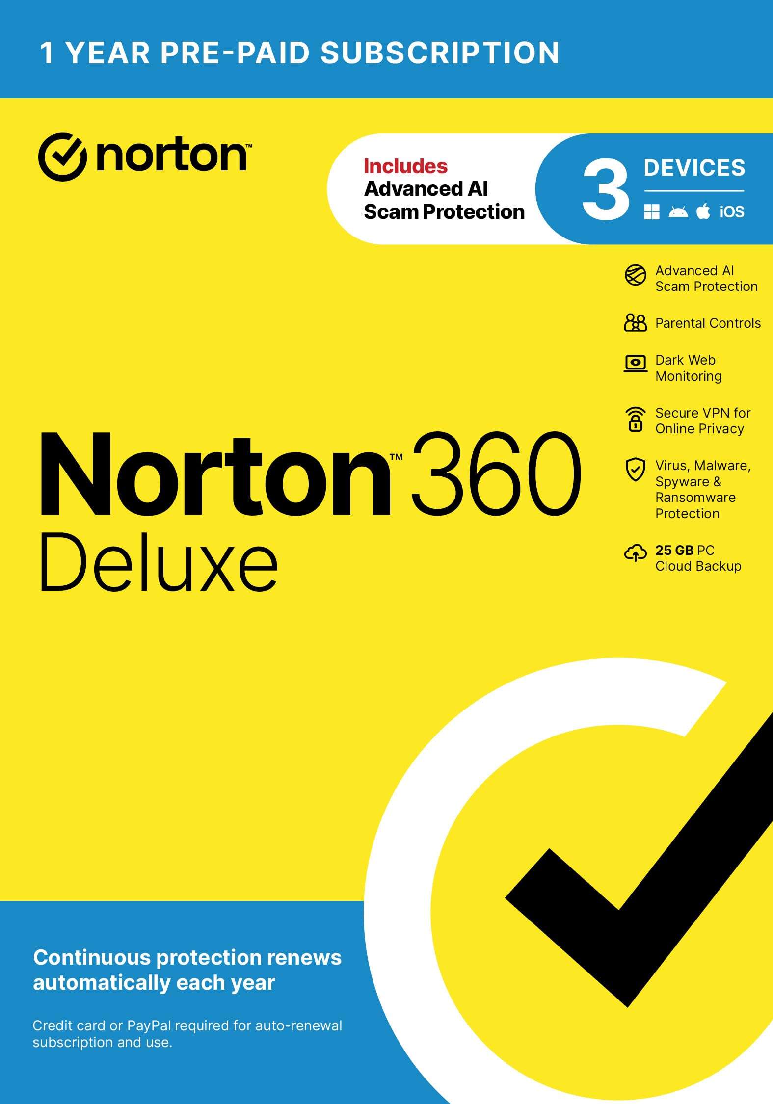 Norton 360 Deluxe, Antivirus software for 3 Devices with Auto-Renewal – Includes Advanced AI Scam Protection, VPN, Dark Web Monitoring & PC Cloud Backup [Key Card] 1