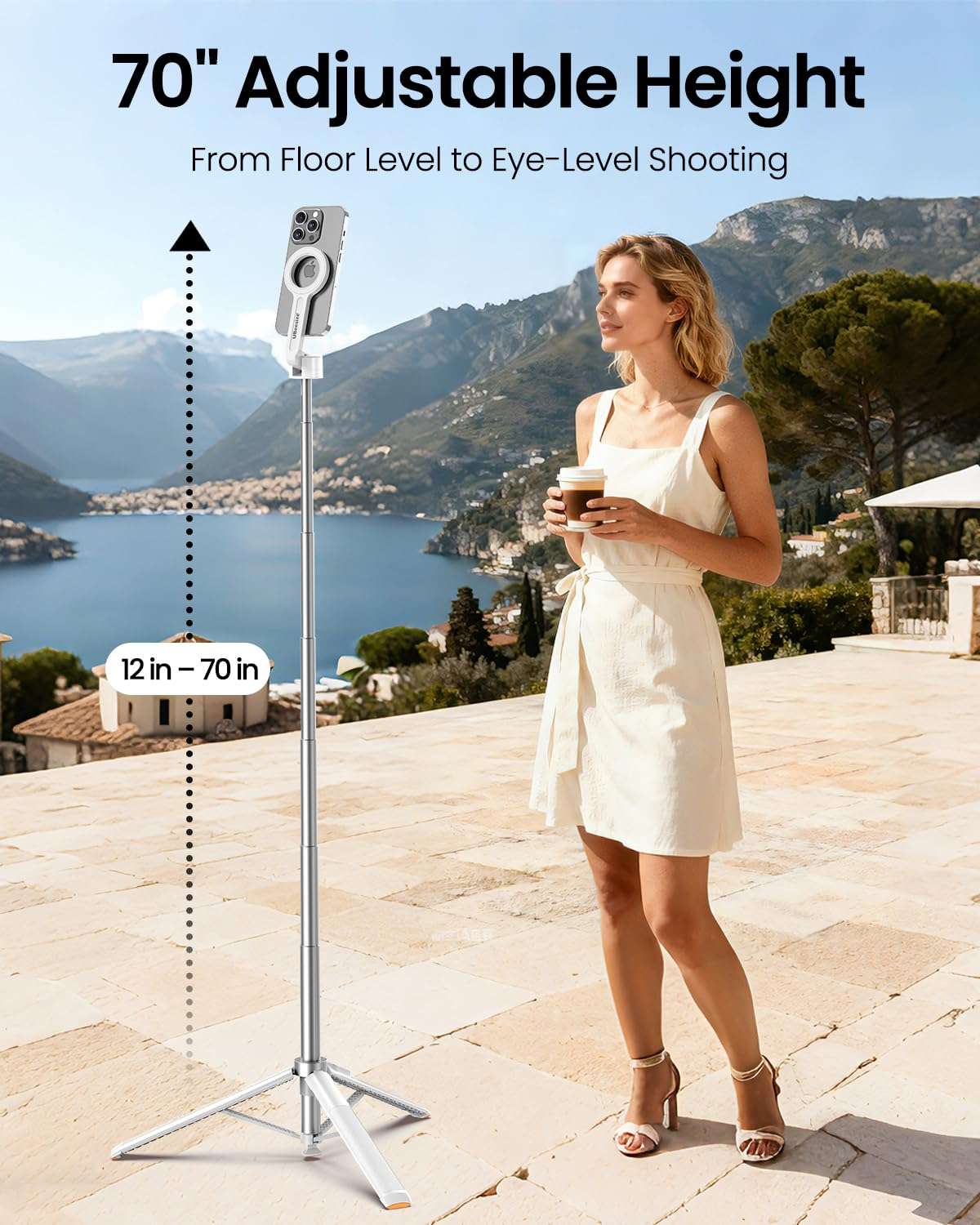 UBeesize 70" Auto-Open Magnetic Tripod for iPhone, MagSafe Selfie Stick with Remote, Portable Phone Stand for Recording, Travel and Vlogging, Compatible with iPhone/Android (White) 5