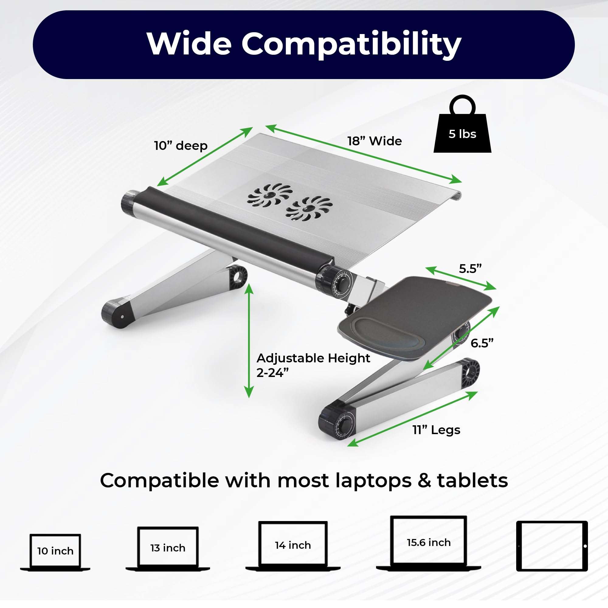 WorkEZ Cooling Adjustable Laptop Stand for Desk w/Fan USB Ports Mouse Pad Ergonomic Foldable Laptop Stand Riser Portable Computer Holder, Silver 4