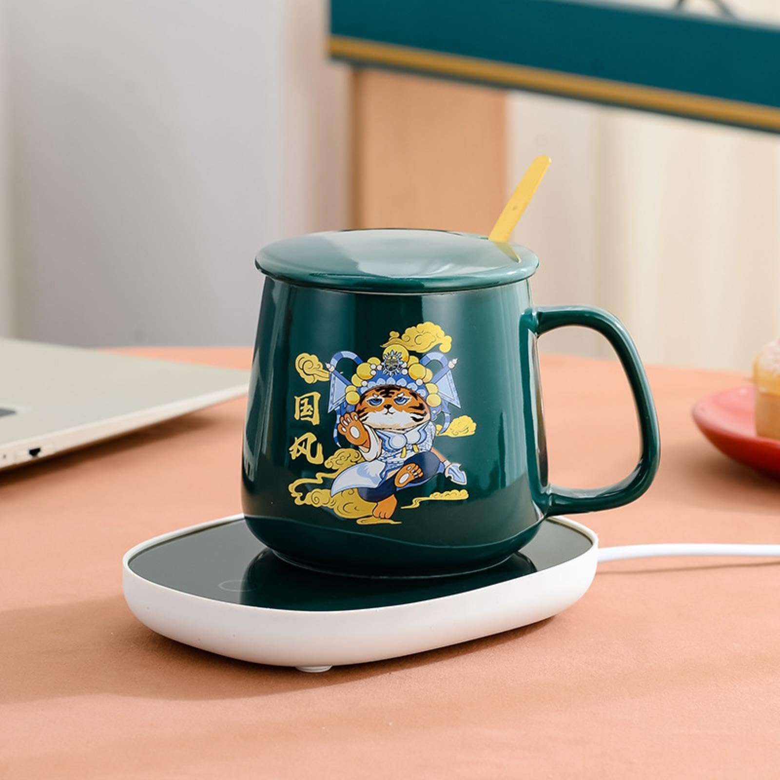 CAPIJIONG 380ml Personalised Tiger Panda Creative 55 Degree Thermostatic cup with Gift Box Ceramic cup Office Coffee Mugs Suitable for office home restaurant-Panda Red Thermostat Mug + Mat,380ml 6