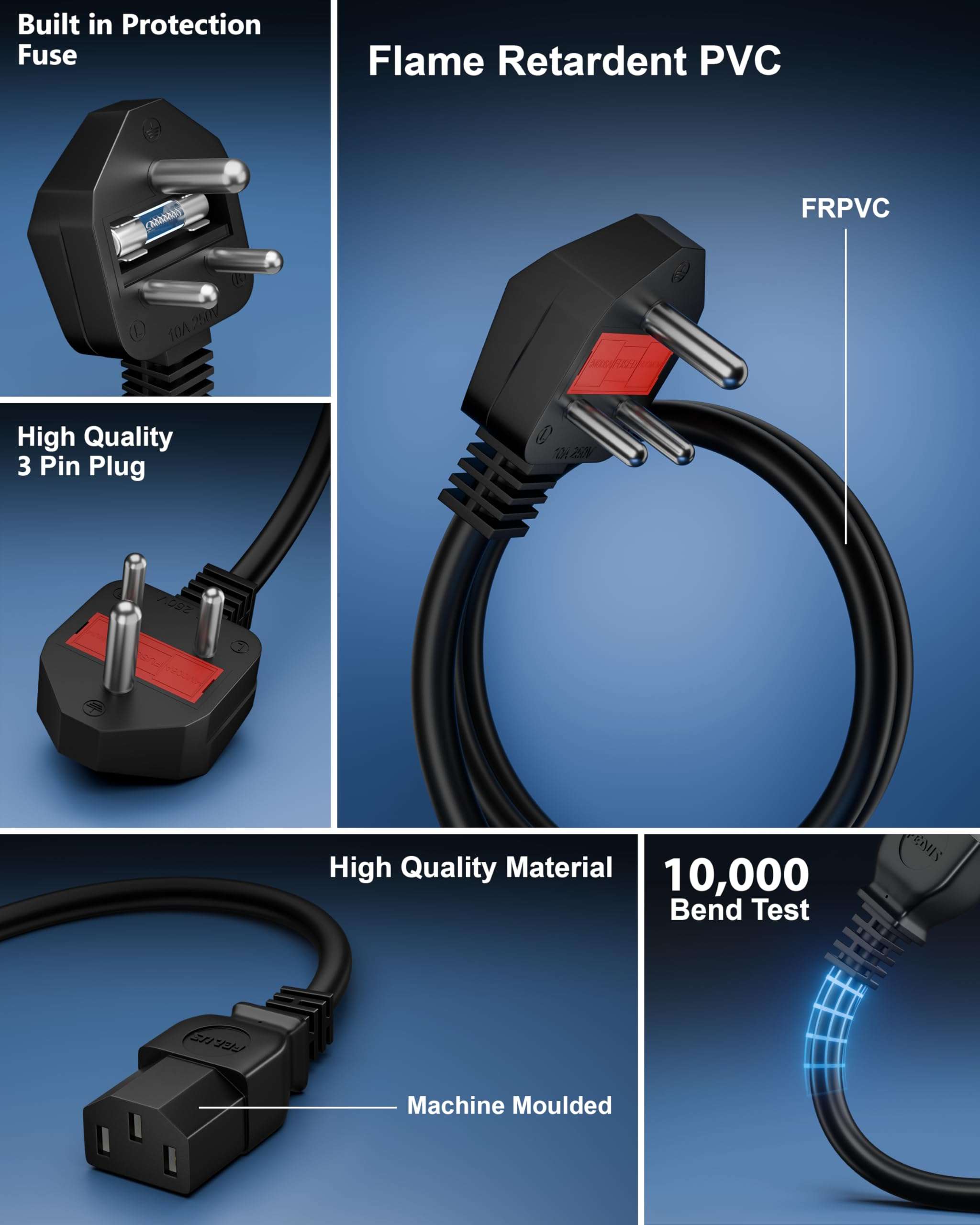 FEDUS 1.8 Meter Desktop PC Computer Power Cord with Protection Fuse, 2500 Watt IEC C13 Power Cable for Gaming pc, 3 Pin Ac Wire Lead for SMPS Power Supply, Monitor, Printer, Electric Kettle, TV 6