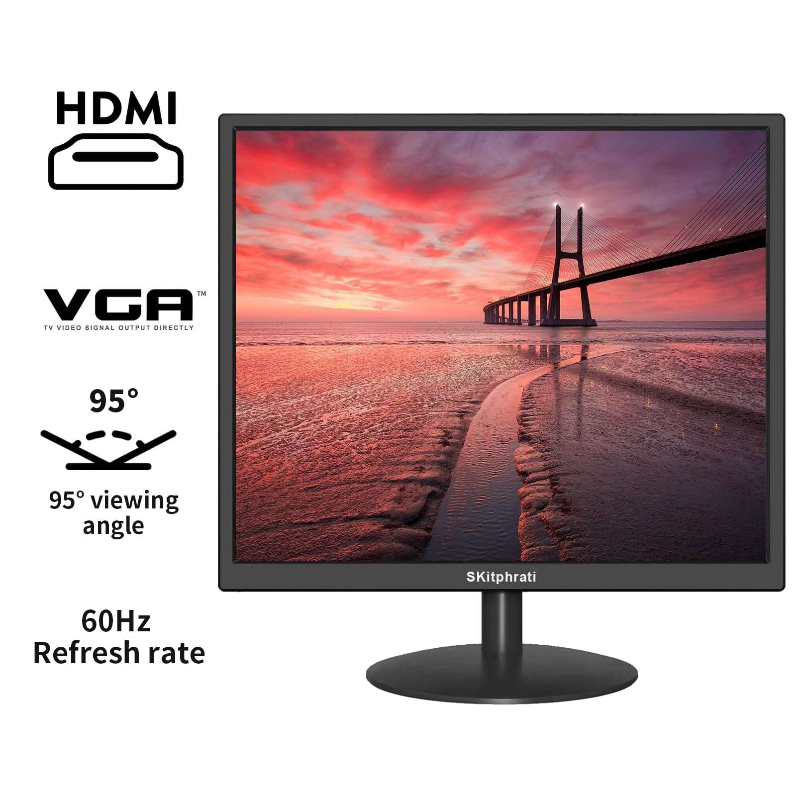 SKitphrati 17" Monitor Square Monitor 1280 X 1024 with 45% sRGB Color Correction and 5:4 Aspect Ratio, 75 Hz, VESA Mountable, VGA, HDMI, TN Panel 2