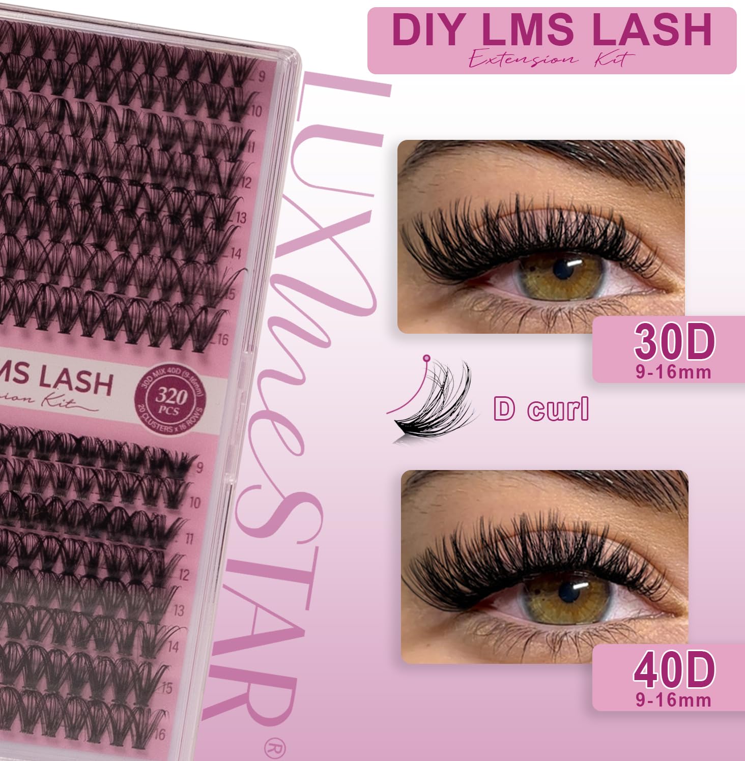LuxMeStar DIY Lash Extension Kit 320pcs Individual Lashes Cluster D Curl Eyelash Extension Kit with Lash Bond and Seal and Lash Applicator Tools (KIT, 30D+40D, 9-16mm) 4