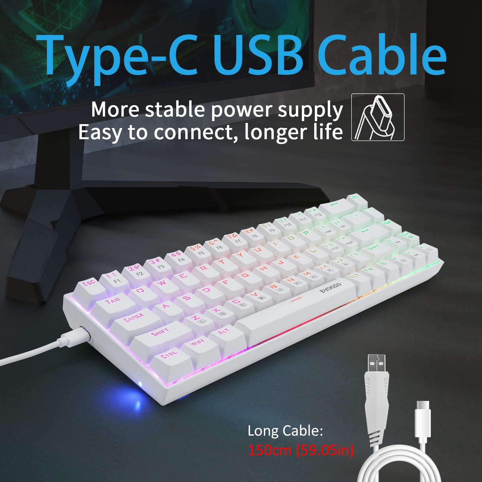 HUO JI Portable 65% Mechanical Gaming Keyboard, E-YOOSO Z-686 Customizable Per-Key RGB Backlit, Compact 68 Keys Mini Wired Office Keyboard with Blue Switch for Windows Laptop PC Mac - White 6