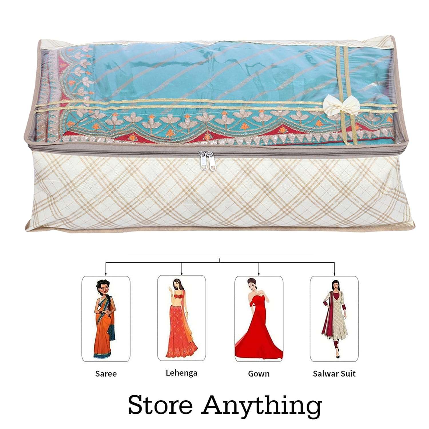 Kuber Industries Lehenga Cover | Non-Woven Gown Cover | Check Bow Pattern Garment Cover | Salwar Suit Cover with Top Transparent | Large | Pack of 2 | Cream 3