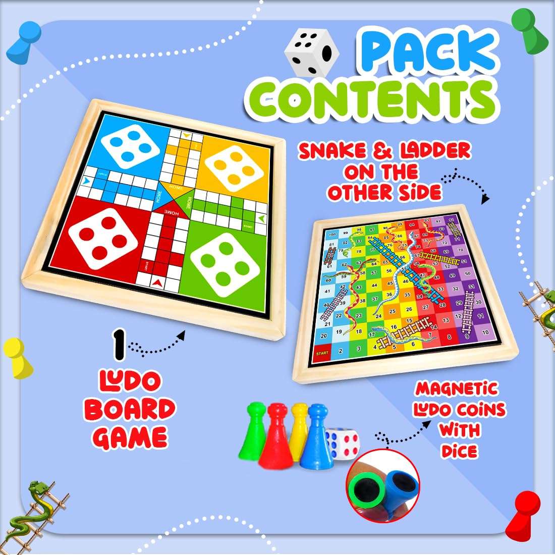 Wembley 2-in-1 Ludo Snake and Ladder Jumbo Wooden Board Game| Magnetic Ludo and Snake and Ladder Game Set| Vibrant Multiplayer Game for Kids & Adults| Smooth & Durable Indoor Board Game Set 4