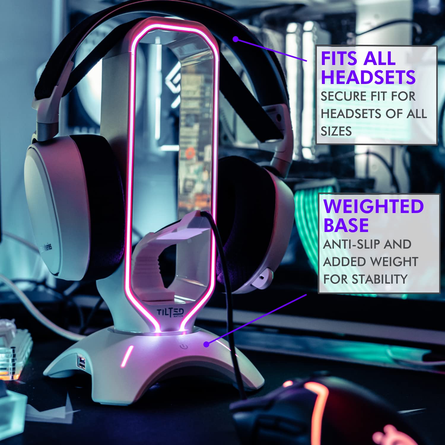 Tilted Nation Gaming Headphone Stand | RGB Headset Stand White | Headset Holder for Desk with Mouse Bungee and USB Hub | The Ultimate Gaming Accessories for Gamers for PS5, Xbox, PC - White 3